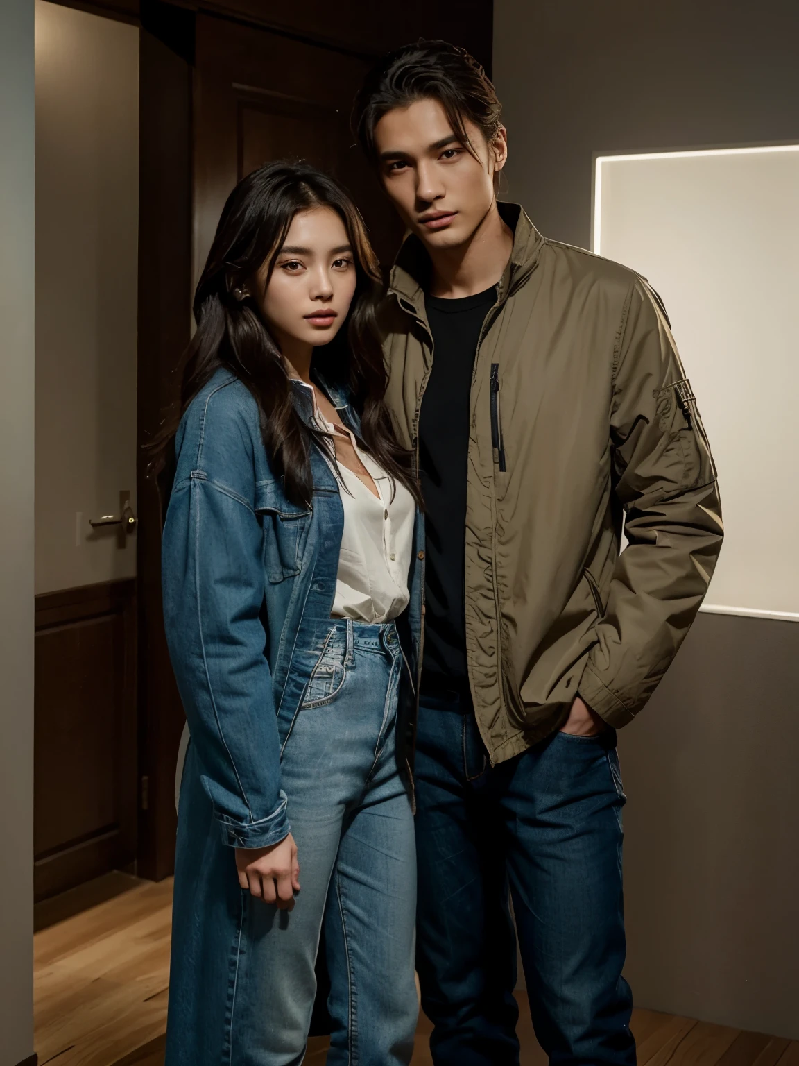 a man and a woman standing next to each other at a Party, an image, inspired by Adam Dario Keel, parka jacket, which is trending in the cg community, beautiful young Korean woman dressed in Long dress, jeans trousers screencap of the film, model elisajes from acquamodels