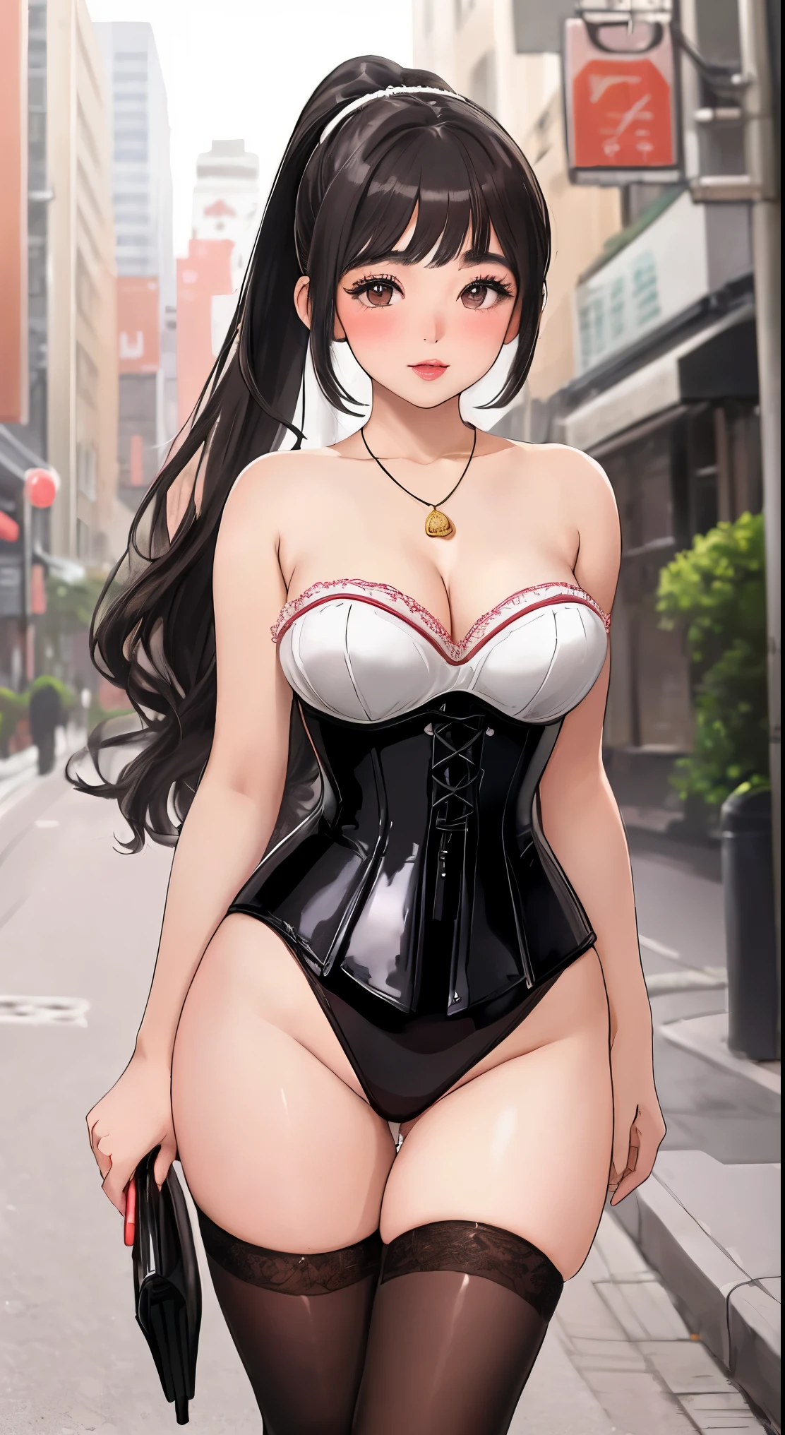 Masterpiece, best quality, ultrasharp, highly detailed, illustration, tomoyo, medium breasts, (aged up), standing, city street, makeup, (18 year old girl:1.2), collarbone, necklace, lips parted, glossy lips, blush, strapless corset, thigh highs, ponytail