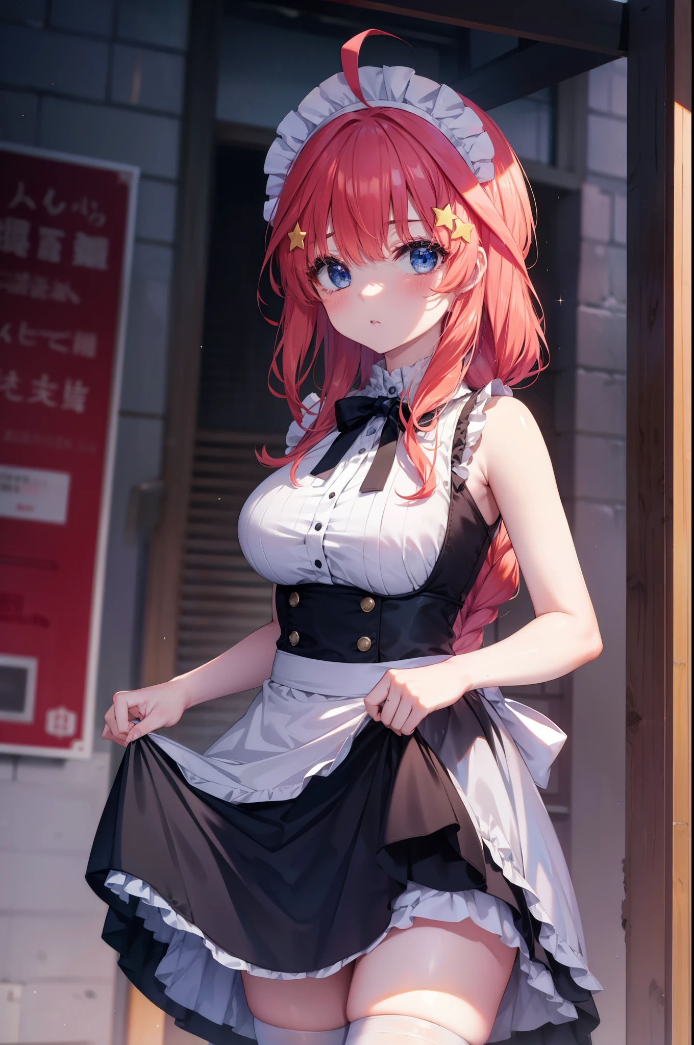 itsukinakano, Itsuki Nakano, bangs, blue eyes, hair between eyes, Ahoge, redhead, star \(symbol\), blush,embarrassing,hair ornaments,long hair,short braided hair, star hair ornaments,she was wearing a maid long skirt,bare shoulders,Bare chest, white stockings on her legs, lift the long skirt with both hands,
break indoors, coffee shop,
break (masterpiece:1.2), highest quality, High resolution, unity 8k wallpaper, (figure:0.8), (detailed and beautiful eyes:1.6), highly detailed face, perfect lighting, Very detailed CG, (perfect hands, perfect anatomy),