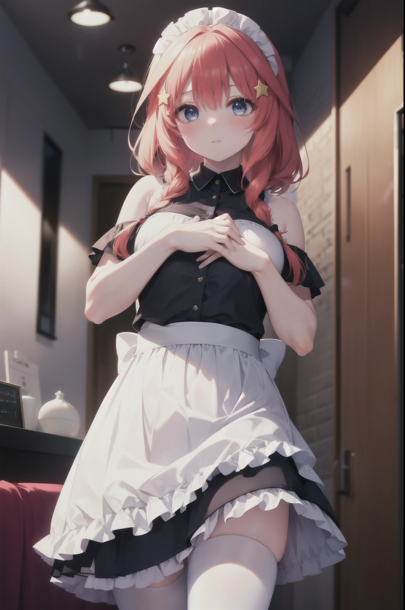 itsukinakano, Itsuki Nakano, bangs, blue eyes, hair between eyes, Ahoge, redhead, star \(symbol\), blush,embarrassing,hair ornaments,long hair,short braided hair, star hair ornaments,she was wearing a maid long skirt,bare shoulders,Bare chest, white stockings on her legs, lift the long skirt with both hands,
break indoors, coffee shop,
break (masterpiece:1.2), highest quality, High resolution, unity 8k wallpaper, (figure:0.8), (detailed and beautiful eyes:1.6), highly detailed face, perfect lighting, Very detailed CG, (perfect hands, perfect anatomy),