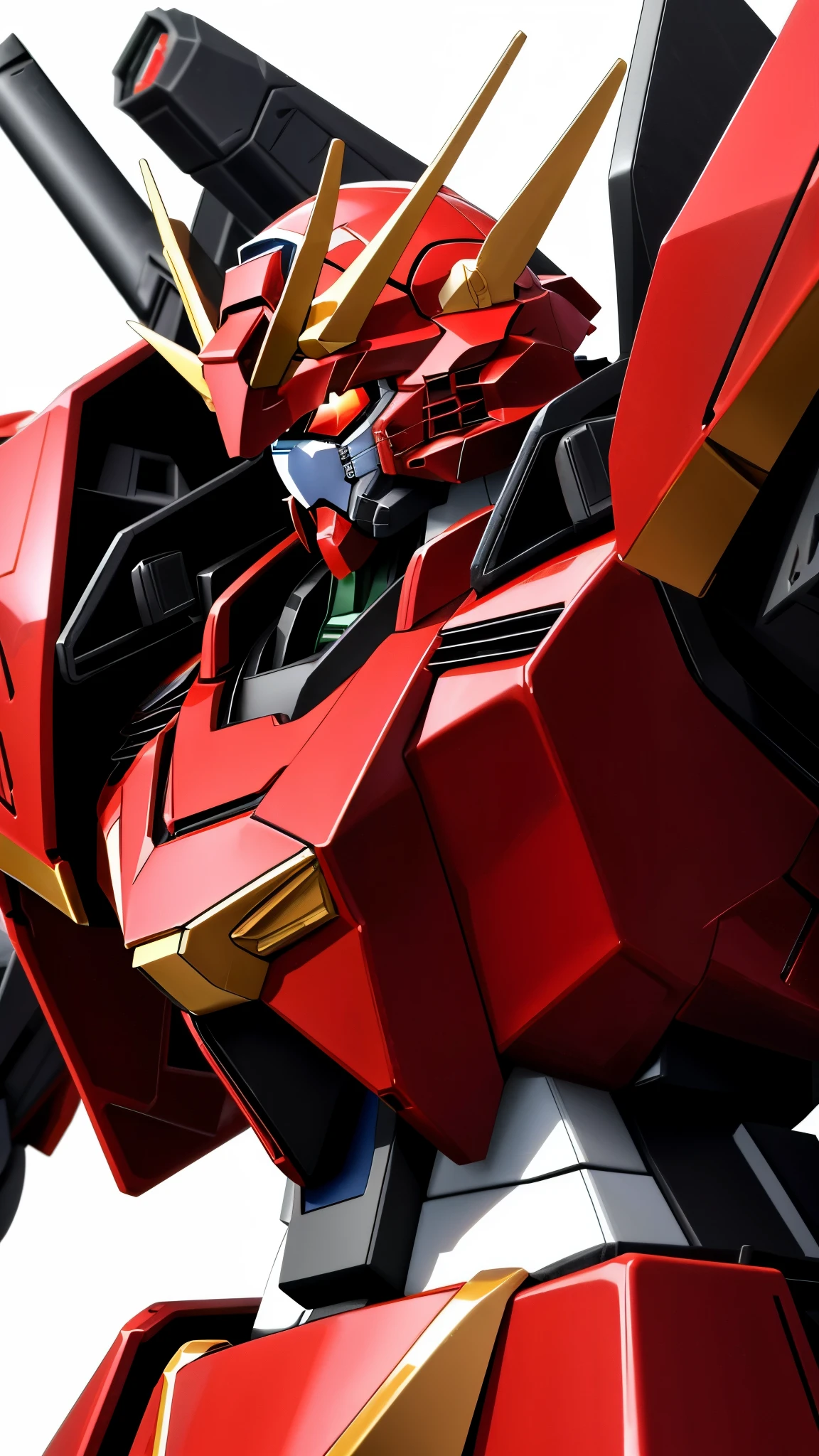 Close-up of a red and black robot with a gun, Sotheby's, Gundam is shaped like a windmill, mobile suit, Overall front view, in Gundam, red gundam head, gunpla, detailed wide shot, Red Mecha, 1/100 occlusion speed, Upper body included, fused mecha parts, Arasaka Kameka
