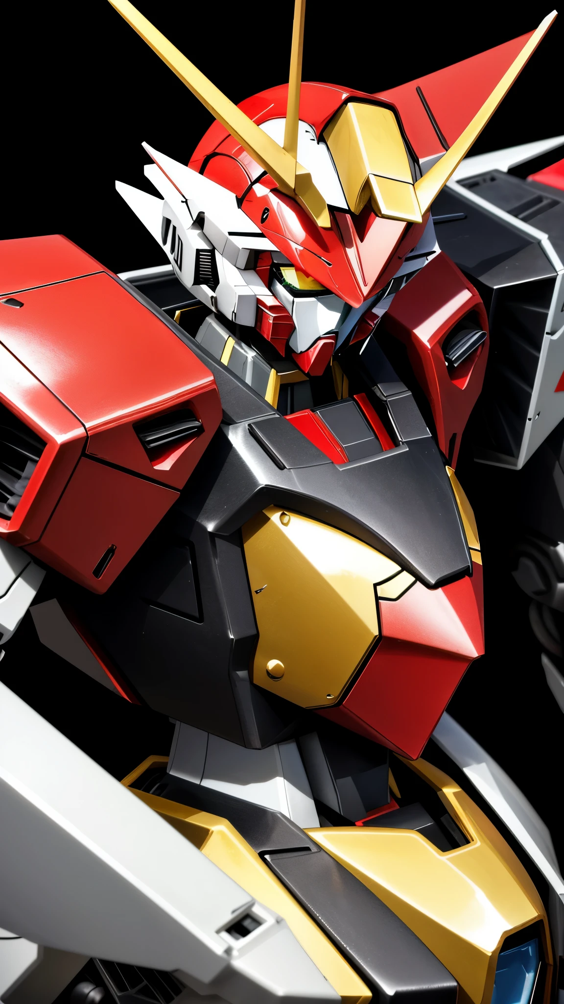 Close-up of a red and black robot with a gun, Sotheby's, Gundam is shaped like a windmill, mobile suit, Overall front view, in Gundam, red gundam head, gunpla, detailed wide shot, Red Mecha, 1/100 occlusion speed, Upper body included, fused mecha parts, Arasaka Kameka