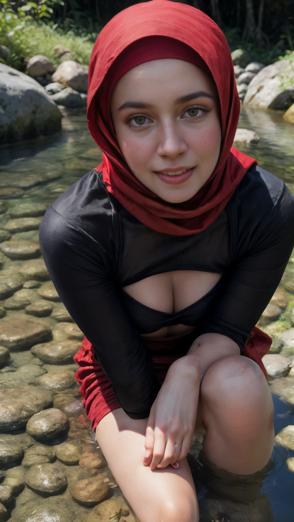 close-up portrait of a beautiful woman with red hijab, crouching pose in a jungle river, open leg, spread open leg squat, sunny day, pov from above, wearing red dress, tight, pear body shaped, small breast, reeds, (backlight), realistic, masterpiece, high quality, lens reflection, shadow, flower, [[chromatic aberration]], by Jeremy Lipking, by Antonio J. Manzanedo, digital painting,