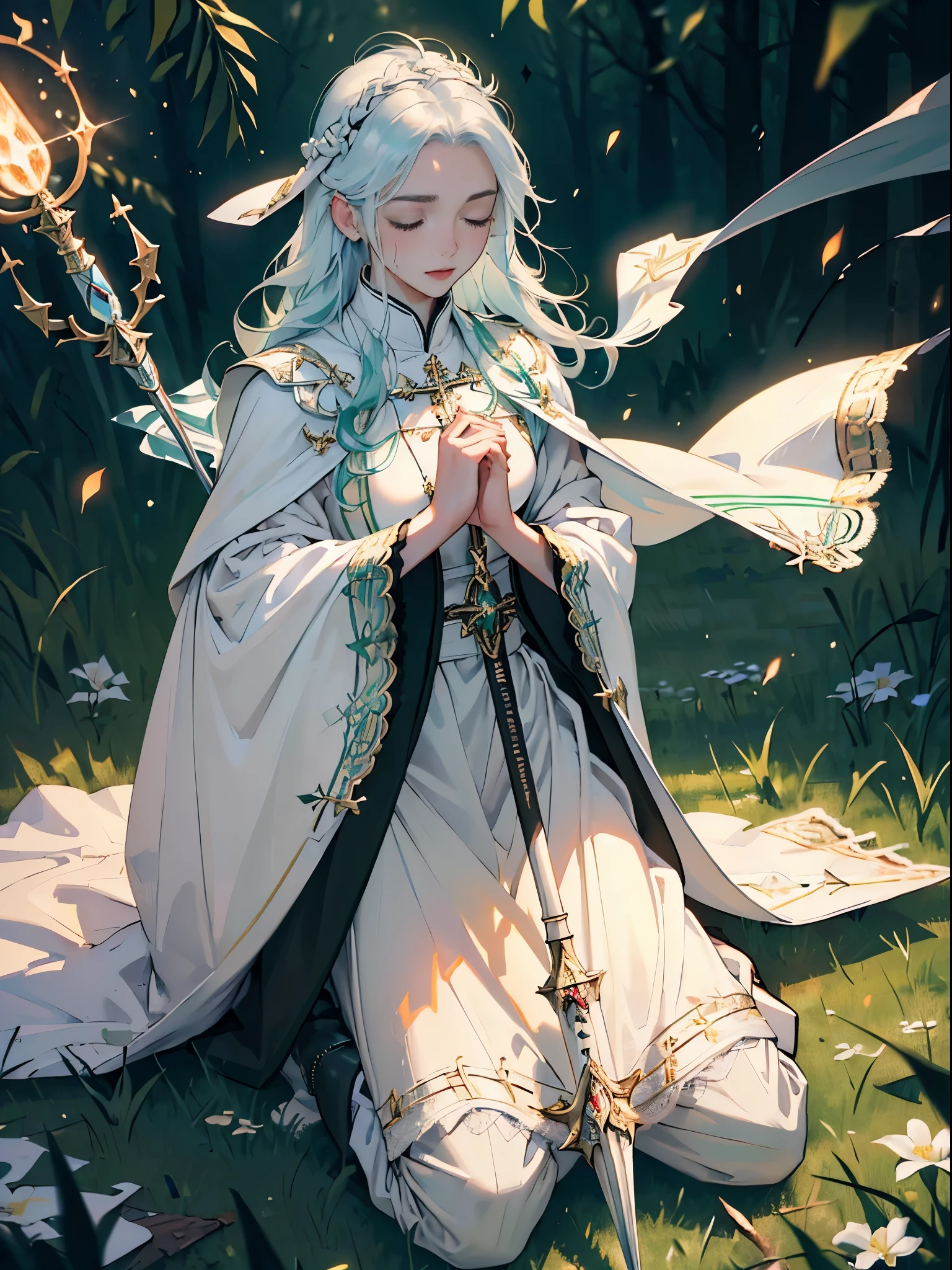 masterpiece, ultra detailed, 8k portrait, RAW photo, portrait photography, Highly detailed face, beautiful, (((close eyes))), ((Fantasy)), Young beautiful, (((Female priest))), (((((wariza))))), (((pray with your hands together in front of your chest))), ((light blue long thin hair)), ahoge, forehead, Gentle face, White skin, (((green and white puffy sleeve lace priest robes))), ((brown cape)) Fluttering in the wind, (((lowleg kneel length pants))), Leather boots, ((((equip a magic wand)))), Midday Sun, Hyper realistic, Body model, Small breasts, Beautiful breasts, Long legs, dark early morning, in the medieval battle fields, Ambient lighting, Shadow details, Camera focus on face, strong breeze, Light fog, (((((Warm light overflows from my chest and illuminates the area)))))