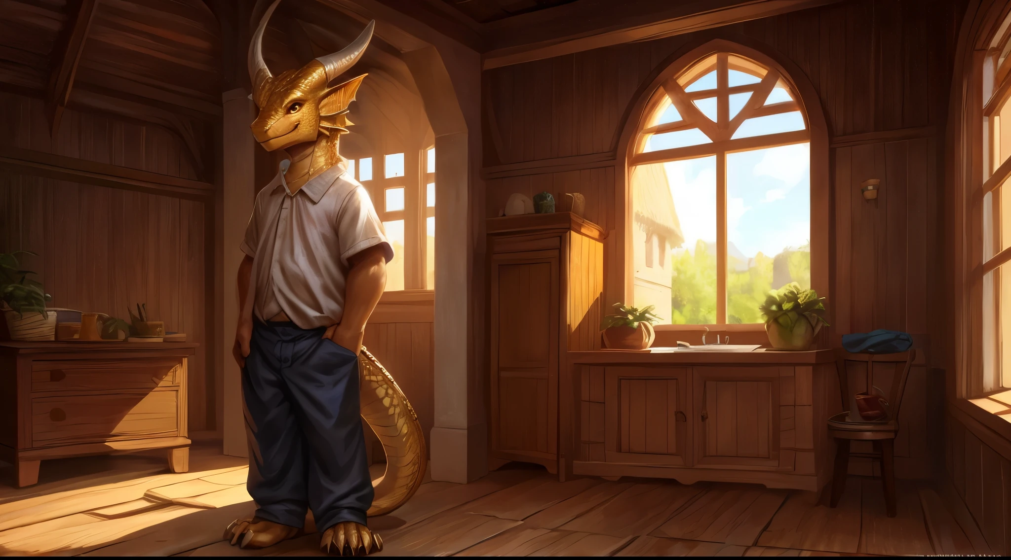 By taran fiddler, (anthro dragon, furry, extremely detailed, extremely sort legs, extremely detailed arms, extremely detailed face, cute eyes, perfectly detailed anatomy), solo, perspective, young, juvenile, baby, toddler, 4 years old, baby face, cute eyes, golden eyes, tail, (small horns, gold scales, small nose), smooth scales, detailed scales, shiny deep gold scales, pointed ears, droopy ears, full body shot, depth of field, oversized clothes, clothes too big, white shirt, tan pants, rolled up sleeves, fantasy, overexposed sunlight, happy, nervous smile, standing, wooden floor, window, village, arms down, shy, nervous, timid