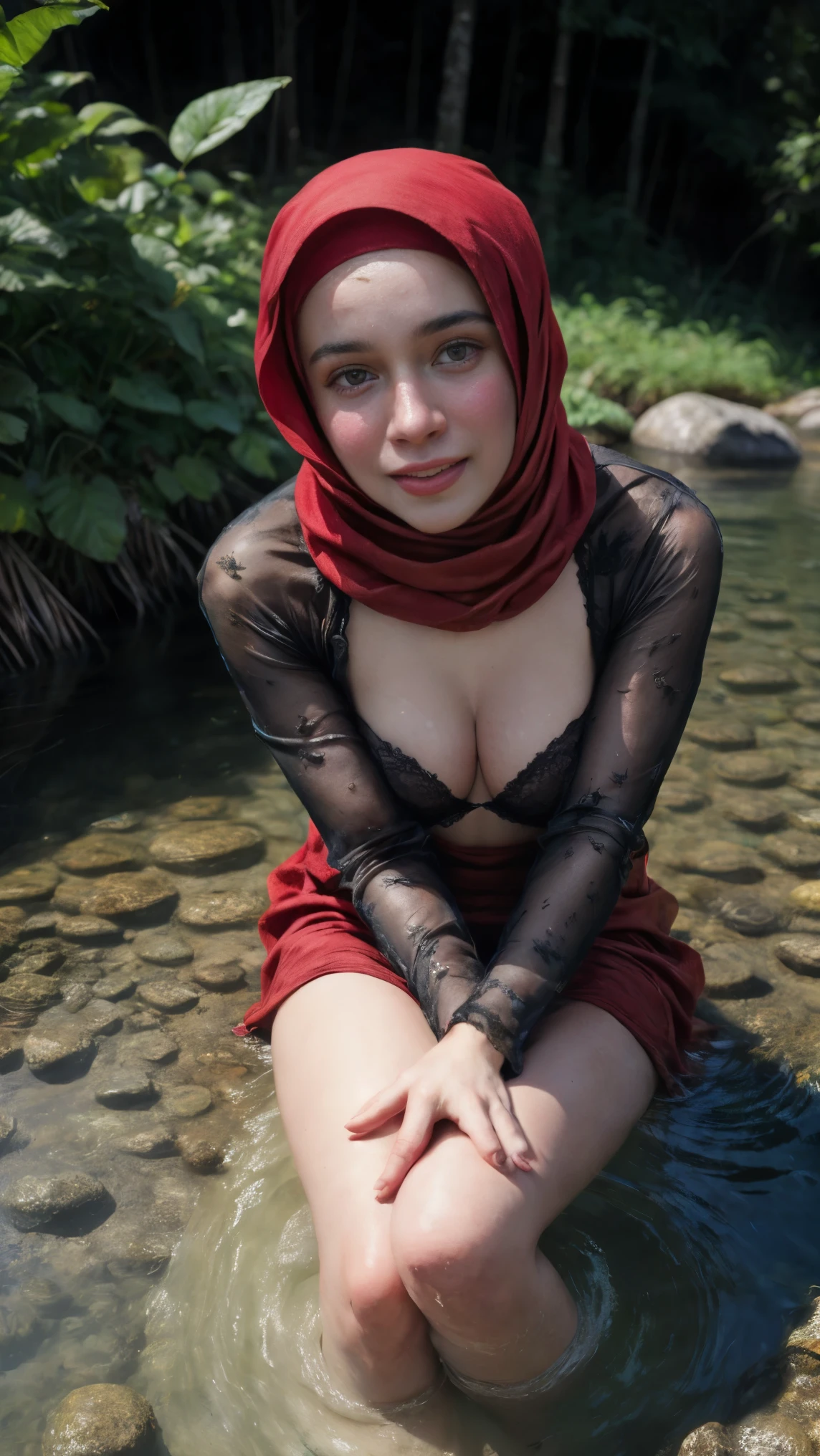 close-up portrait of a beautiful woman with red hijab, crouching pose in a jungle river, open leg, spread open leg squat, sunny day, pov from above, wearing red dress, tight, pear body shaped, small breast, reeds, (backlight), realistic, masterpiece, high quality, lens reflection, shadow, flower, [[chromatic aberration]], by Jeremy Lipking, by Antonio J. Manzanedo, digital painting,