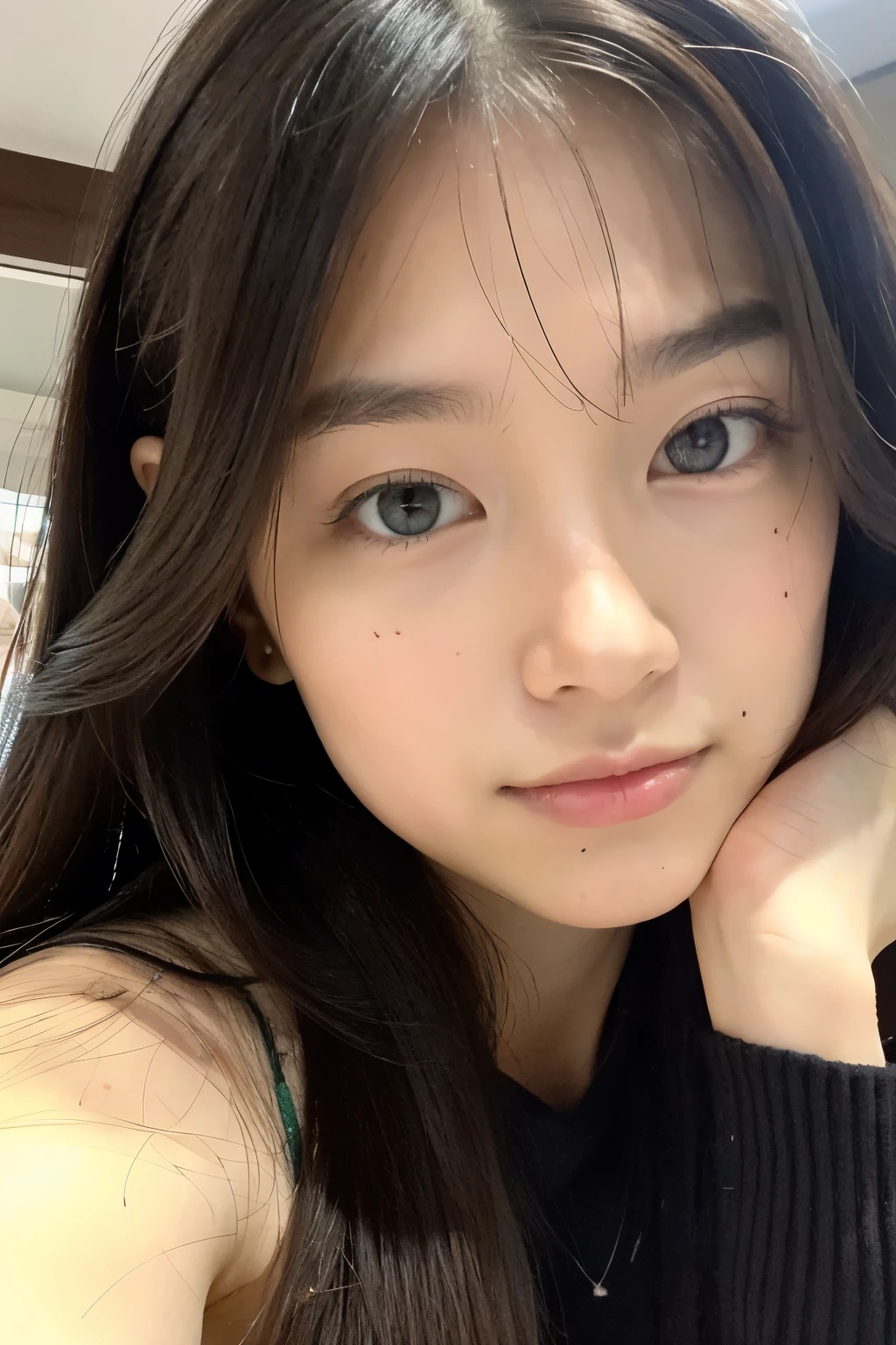 Japanese girl looking at camera、beautiful girl、no makeup、No makeup、Take a selfie with your phone、close up of face