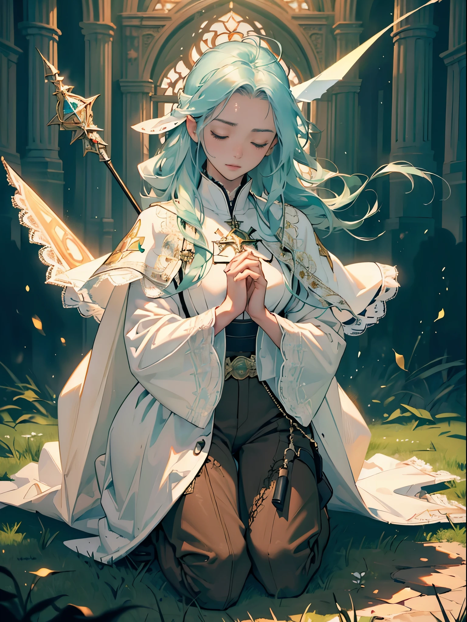masterpiece, ultra detailed, 8k portrait, RAW photo, portrait photography, Highly detailed face, beautiful, (((close eyes))), ((Fantasy)), Young beautiful, (((Female priest))), (((((wariza))))), (((pray with your hands together in front of your chest))), ((light blue long thin hair)), ahoge, forehead, Gentle face, White skin, (((green and white puffy sleeve lace priest robes))), ((brown cape)) Fluttering in the wind, (((lowleg kneel length pants))), Leather boots, ((((equip a magic wand)))), Midday Sun, Hyper realistic, Body model, Small breasts, Beautiful breasts, Long legs, dark early morning, in the medieval battle fields, Ambient lighting, Shadow details, Camera focus on face, strong breeze, Light fog, (((((Warm light overflows from my chest and illuminates the area)))))