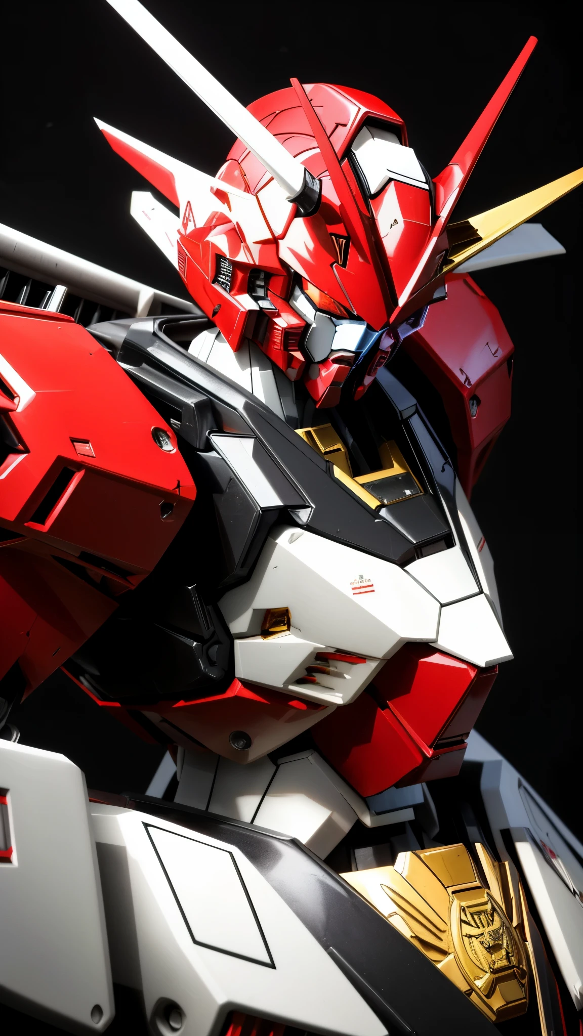 Close-up of a red and black robot with a gun, Sotheby's, Gundam is shaped like a windmill, mobile suit, Overall front view, in Gundam, red gundam head, gunpla, detailed wide shot, Red Mecha, 1/100 occlusion speed, Upper body included, fused mecha parts, Arasaka Kameka