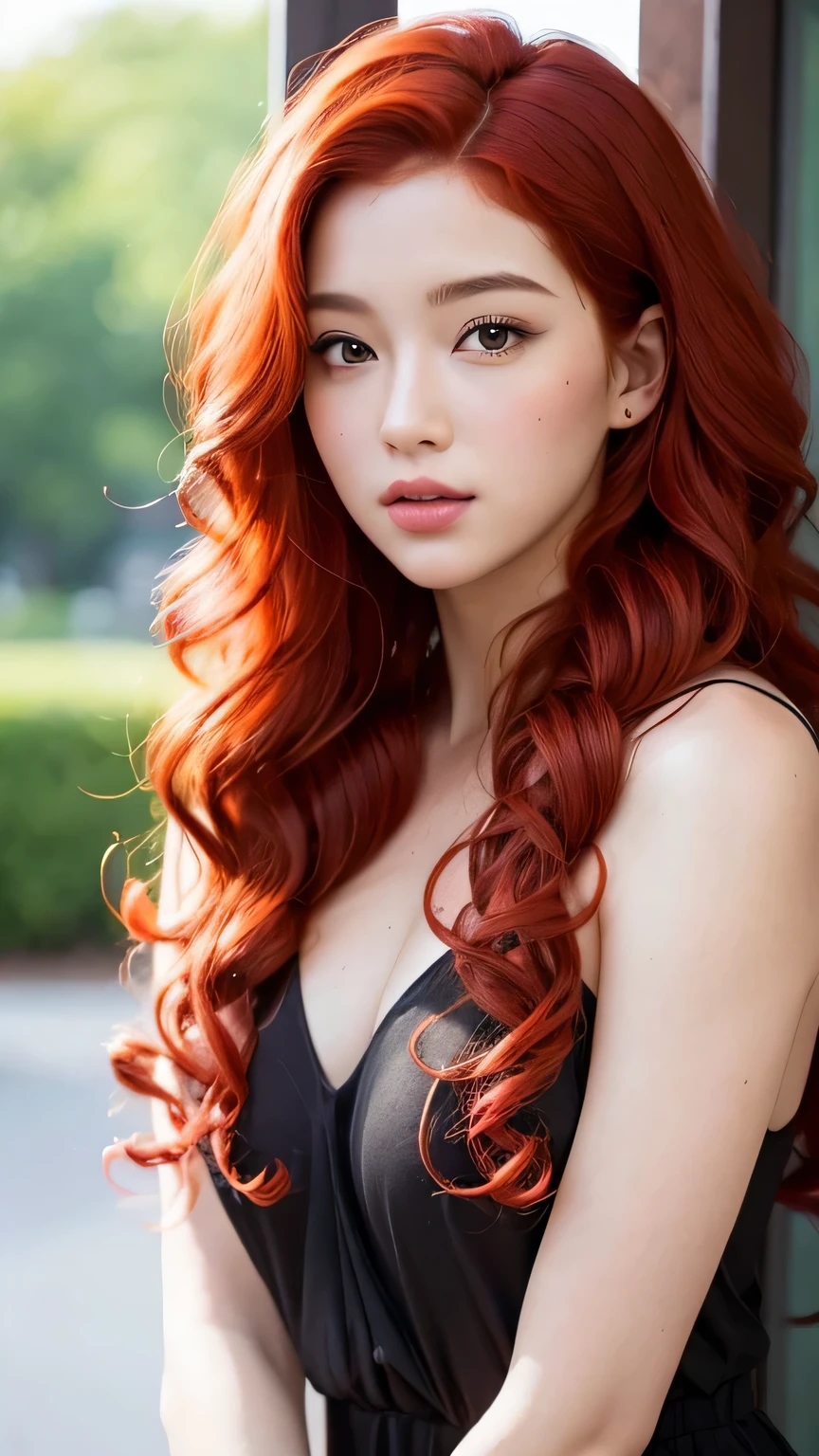 Generate a visually striking and hyper-realistic image of a beautiful girl with red curly hair. Highlight the natural beauty and uniqueness of her features. Optimize for detailed realism, vibrant colors, and captivating facial expressions. Pay special attention to the intricate details of the red curls, ensuring a lifelike and appealing representation. The goal is to create a stunning and realistic portrayal that showcases the beauty and charm of a girl with red curly hair.
