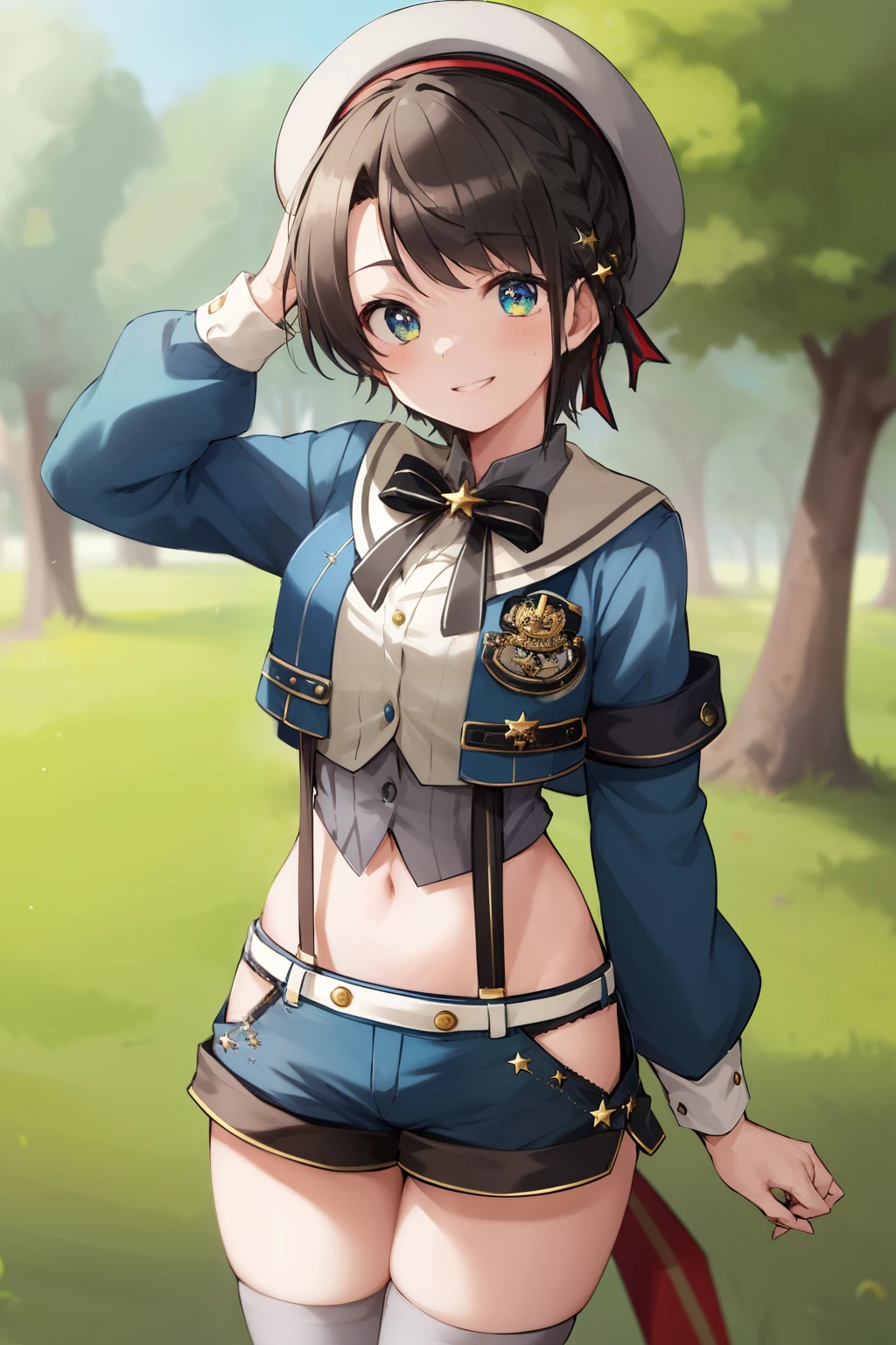 2D, masterpiece, highest quality, anime, very detailed, cowboy shot, 1 girl, alone, subaru_suspenders, subaru_suspenders, french braid, blue jacket, gray shirt, black bow tie, star \(symbol\), blue shorts, abdomen, gray hat, gray socks, Are standing, outdoors, smile 