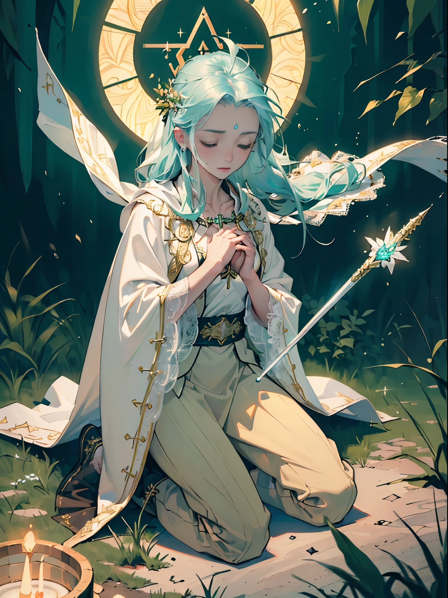 masterpiece, ultra detailed, 8k portrait, RAW photo, portrait photography, Highly detailed face, beautiful, (((close eyes))), ((Fantasy)), Young beautiful, (((Female priest))), (((((wariza))))), (((pray with your hands together in front of your chest))), ((light blue long thin hair)), ahoge, forehead, Gentle face, White skin, (((green and white puffy sleeve lace priest robes))), ((brown cape)) Fluttering in the wind, (((lowleg kneel length pants))), Leather boots, ((((equip a magic wand)))), Midday Sun, Hyper realistic, Body model, Small breasts, Beautiful breasts, Long legs, in the dark mid night outdoor, Ambient lighting, Shadow details, Camera focus on face, strong breeze, Light fog, (((((Warm light like a Goddes overflows from my chest and illuminates the area)))))
