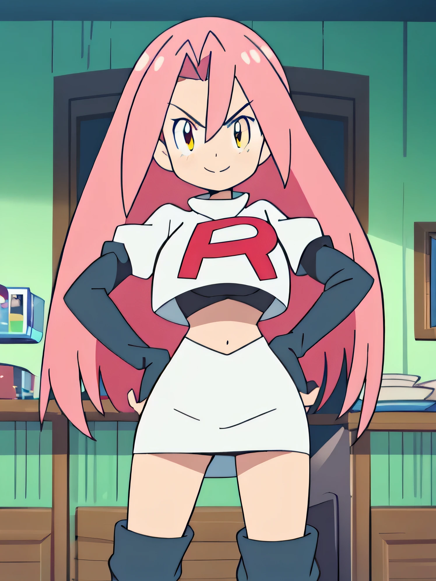 (1girl in:1.2), (Solo:1.2), masutepiece, nffsw、Shaders、Brilliant Textured Work、Ultra-detailed eyes、ultra-intricate pupil in eyes、top-quality、Pink hair、Super long hair、Girls' School Uniform、a miniskirt、Red garments、Tsuriformes、sharp eye、Narrow eyes、Golden eyes、radiant eyes、bulging sleeves、Black tights、Brown boots、Large ribbon、String ribbon、Hands on the hips、Standing Picture、Gal Game、Tsundere、Stuffy face、Angry、(Yuzuki Yukari:0.5)、8k,1girl in, (solo:1.1), (perfect body:1.1), (best quality:1.1), very large breast, team rocket, team rocket uniform, red letter r, white skirt,white crop top,black thigh-high boots, black elbow gloves, smiling, looking down at viewer, hands on hips,zettai ryouiki,cowboy shot
