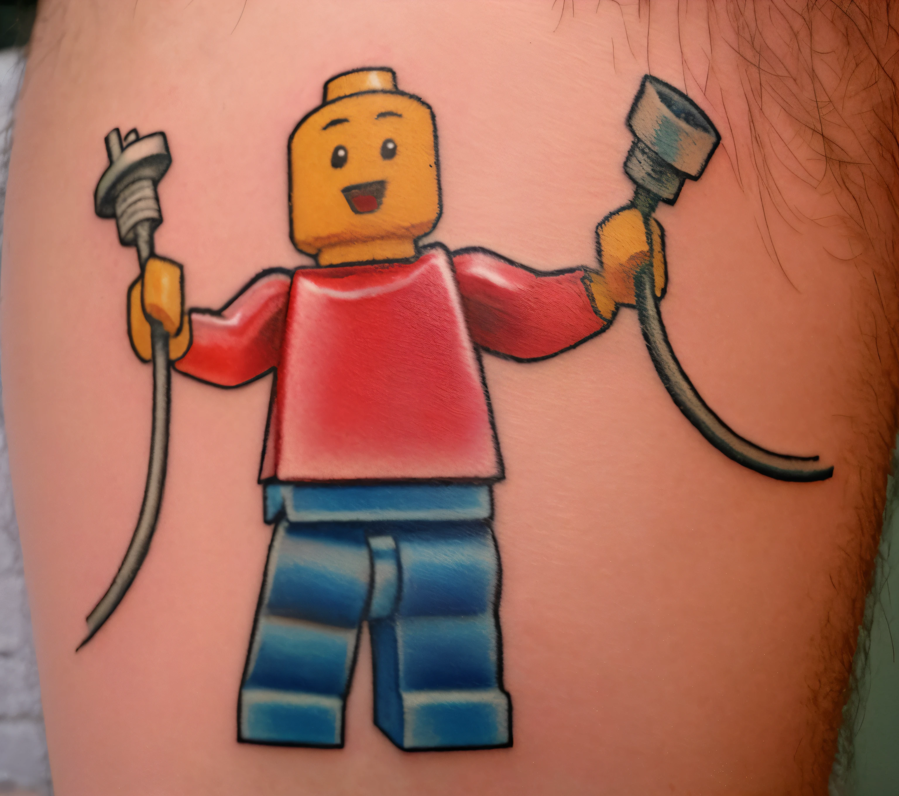 Eine Nahaufnahme eines LEGO-Mannes mit einer Schnur in der Hand, LEGO-Figur, LEGO-Stil, Ziegel, LEGOs, LEGO, von Joe Machine, inspiriert von Jim Davis, LEGO-Film-Stil, LEGO Avatar, Minifigur, von Viktor Oliva, aus LEGO, ein Tattoo, von Dan Smith, mit Schaltkreisen bedeckt, award-winning tattoo, Tattoos