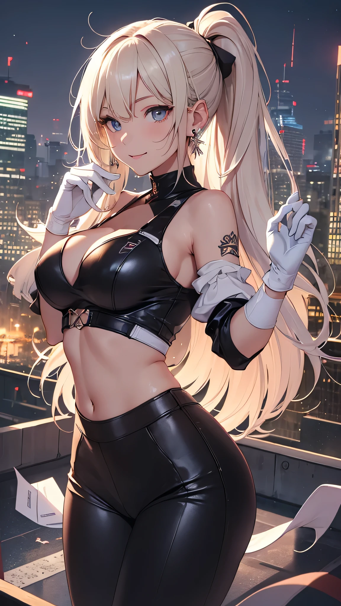 最high quality、best image quality、masterpiece、girl((20-year-old、 By becoming、vest bust、medium bust,wide open breast tea、shining eyes, blonde、long hair、thin,highest valley、ponytail、Very short shirt、short belly sports pants、cool pose、Please bring your smartphone、sweating、smile、forward leaning movement、diamond earrings、white gloves)),high quality、beautiful art、background((Rooftop with great atmosphere at night、beautiful illumination))、Flight、debris flies、Depth of written boundary、movie、visual art、perfect art、8k,genuine、