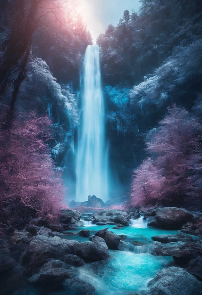 
     Natural Miracle Waterfalls are one of nature’s most spectacular wonders，Their flowing water and high height differences are amazing. Wide angle，Dynamic angle depth of field，Blue splash winter wonderland with branches covered with beautiful ice crystals(Close-up foreground)There are dreamy waterfalls and winter concept art movie scenes with extremely detailed beauty and ultra-high definition.，chiaroscuro，epic reality, Super real photos, Super detailed, masterpiece
