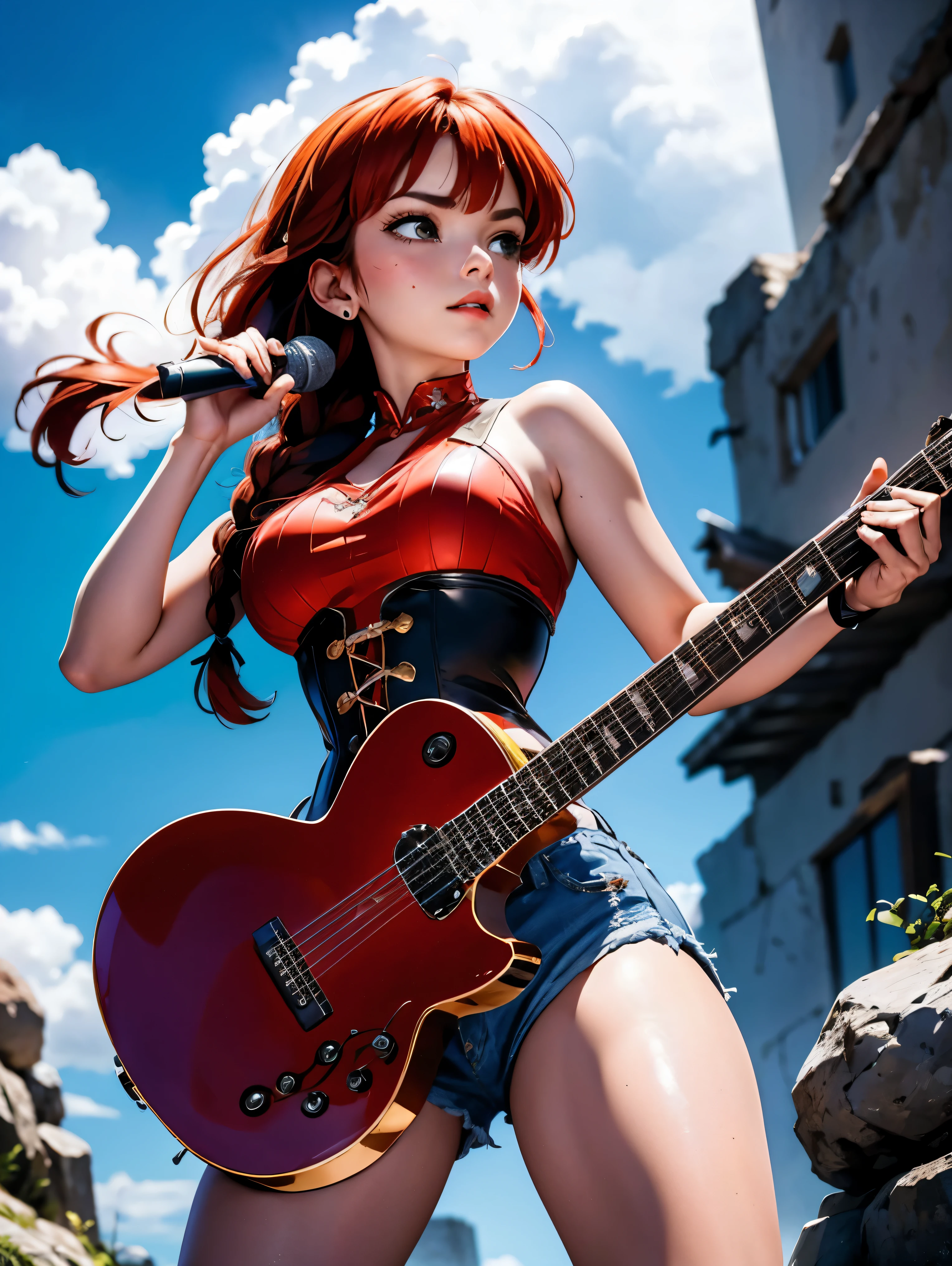 Garota Ruiva de anime cantora voclista de rock, in denim shorts and black corset and microfone in hand, 15 anos, corpo bonito, seios grandes, cantando gritando no microfone, estilo heavy metal, Iron Maiden theme song, Garota sexy, red hair with braid, beautiful lighting, sombras suaves, olhos azuis, pernas bonitas, hair with braid, estilo anime, Ranma Chan, Autora Rumiko Takahashi, Baseado em obra de Rumiko Takahashi, Anime Ranma 1/ 2, decote sexy, quadril robusto, corpo inteiro, corpo inteiro, busto grande, garota jovem com corpo belo e bonito, sandals on his feet, garota 15 anos jovem baixa estatura, vestindo short jeans e corset, garota anime, estilo anime, bota preta, 45° viewing angle, ao ar livre, hair braid vermelho, grande , peito grande, hair braid, garota cantora de rock, Heavy metal music, braided hair blown by strong wind, microfone, tocando guitarra, vento forte, guitarra preta