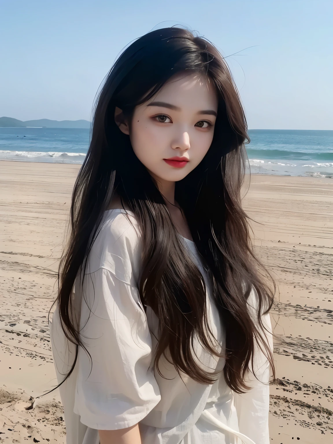 Girl taking photos on the beach, Urzan, long hair, 黑色波浪long hair,black wavy hair, black curly hair, Long curly hair, wavy hair loose, 深色Long curly hair, (1 girl:1.3), dynamic poses, delicate face, vibrant eyes, (from the front), White skin,
