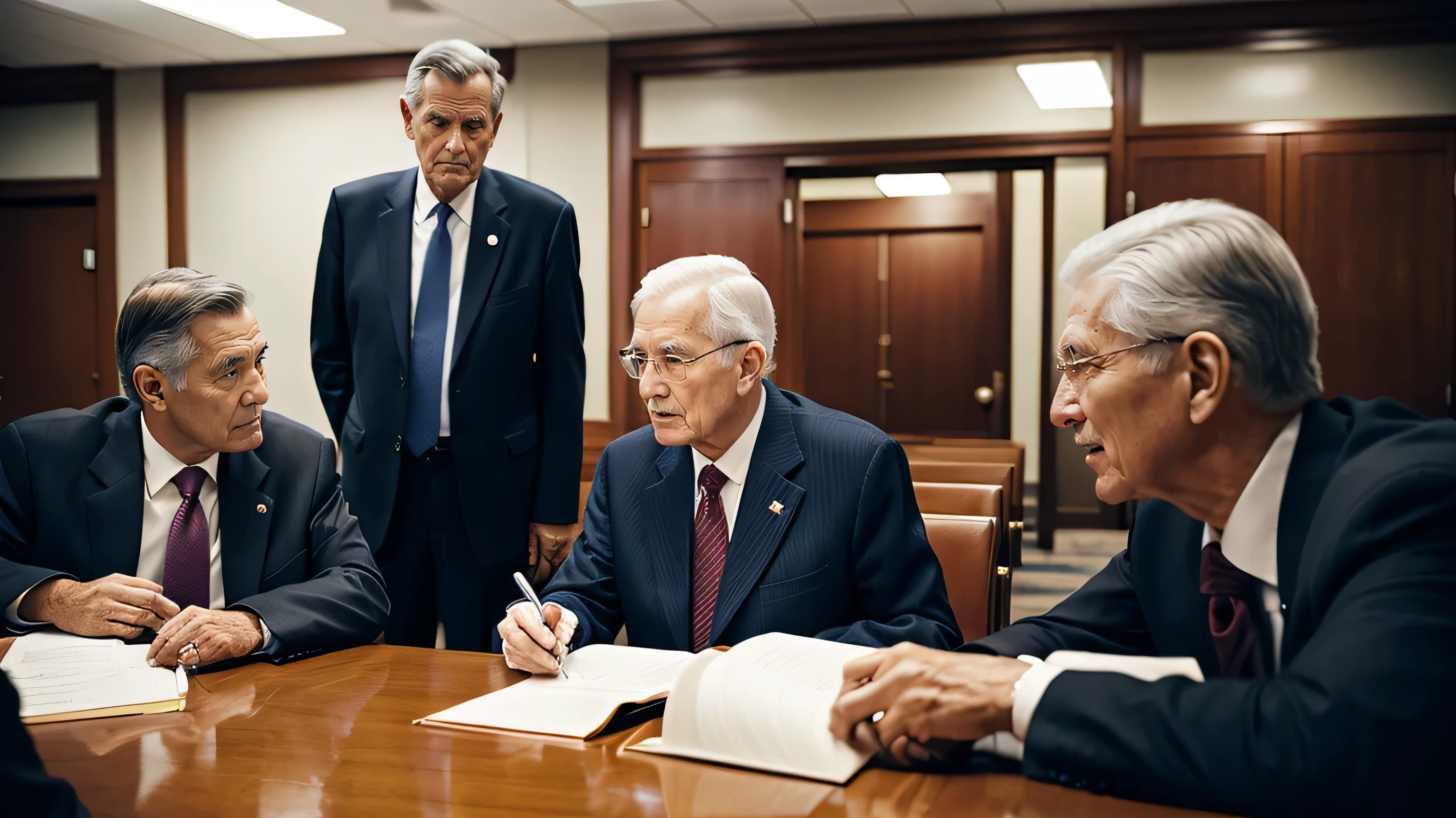 Jehovah&#39;witness、governing body、Elderly man speaking in a conference room、American、suit、High resolution