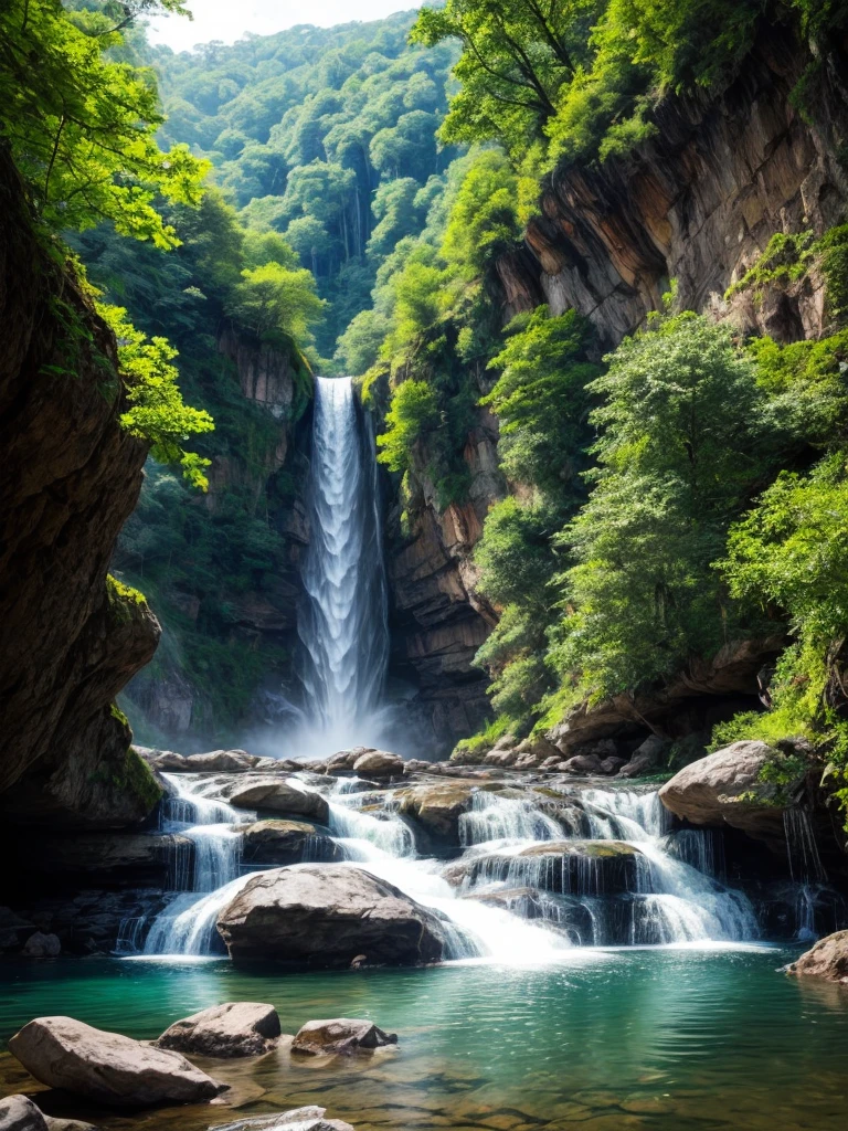 Image: A serene waterfall nestled in a lush green forest.

Descriptive keywordajestic, tranquil, cascading water, nature.

Photographic style: Soft focus, emphasizing the calming flow of the waterfall.

Tone: Peaceful, reflective, harmonious.

Object: A lone bird soaring gracefully above the waterfall.

Action: Gliding effortlessly in the air, capturing a moment of tranquility and freedom amidst the natural beauty.