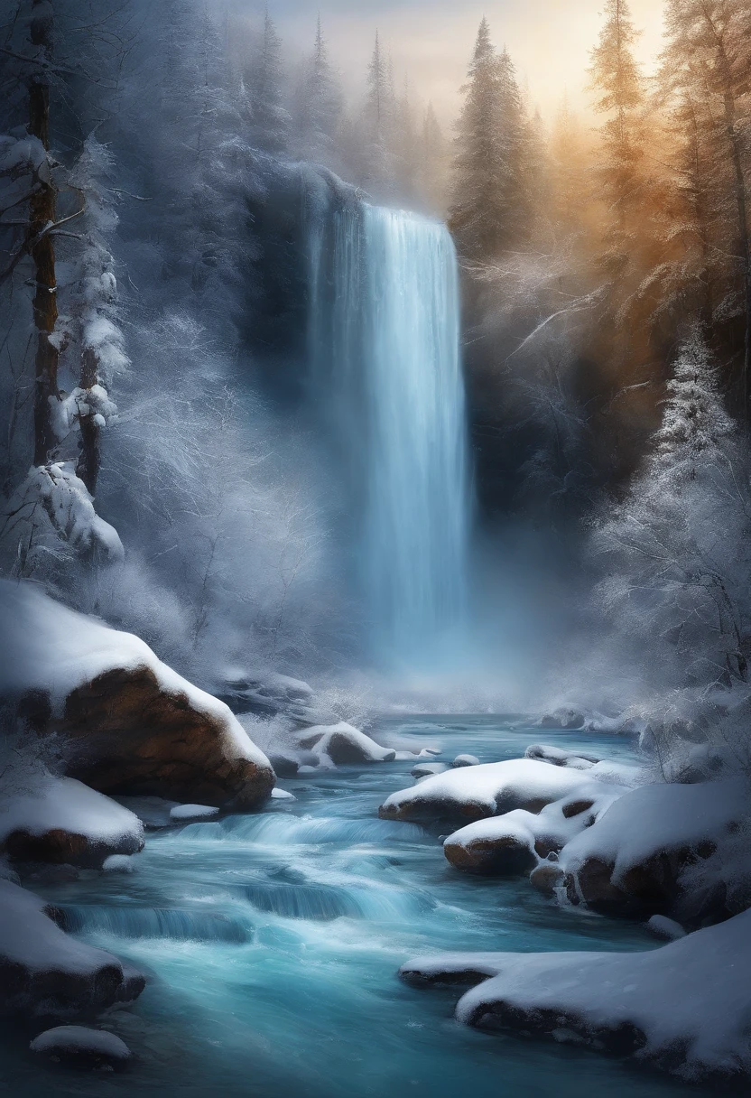 Natural Miracle Waterfalls are one of nature’s most spectacular wonders,Their flowing water and high height differences are amazing. Wide angle,Dynamic angle depth of field,Blue splash winter wonderland with branches covered with beautiful ice crystals(Close-up foreground)There are dreamy waterfalls and winter concept art movie scenes with extremely detailed beauty and ultra-high definition.,chiaroscuro,epic reality, Super real photos, Super detailed, masterpiece