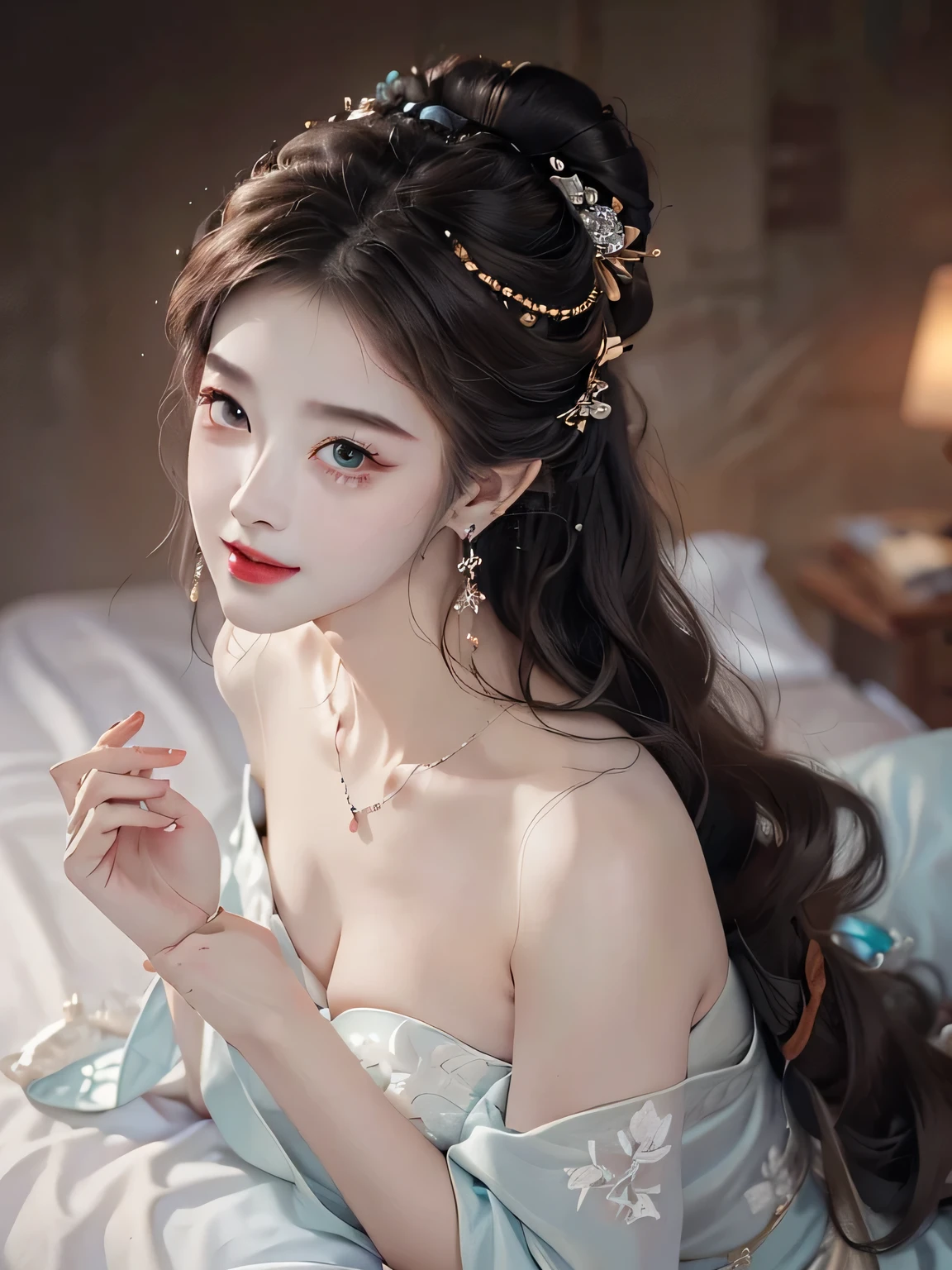 ((knee shot)), ((from above)), ((satellite view)), ((lying down)), ((Lying on a wooden bed)), (ancient bed), ((Play with hair with one hand, Cover your chest with one hand)), (ancient chinese style), 1 girl, clear face, pretty face, 8k, masterpiece, original photo, best quality, detail:1.2,lifelike, detail, Very detailed, CG, unity, wallpaper, depth of field, lamp, lens flare, Ray tracing, (extremely beautiful face, beautiful lips, beautiful eyes), complicated, detail的脸, ((ultra detailed skin)), 1 girl, in the darkness, deep shadow, beautiful korean girl, kpop idol,(Very slim figure:1.3), plump breasts, big breasts, Slender sexy legs, very nice legs, elegant posture, A gesture full of temptation and allure, (bright smile), (City night, (霓虹lamp), (night), beautiful korean girl, white diamond earrings, diameter bracelet, Dia Necklace, clear eyes, (big eyes)