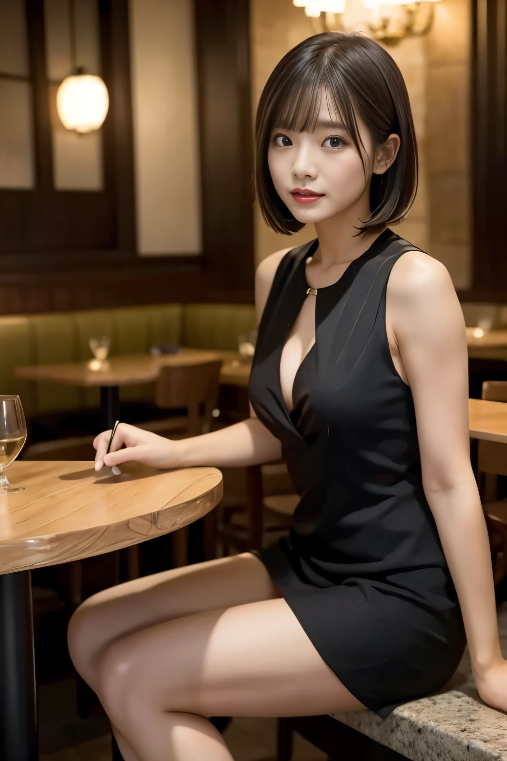 (((restaurant:1.3, indoor, Photographed from the front))), ((medium bob:1.3, black dress, japanese woman, cute)), (clean, natural makeup), (highest quality, masterpiece:1.3, 超High resolution), (Super detailed, caustics), (realistic:1.4, RAW shooting), very detailed, High resolution, 16K resolution