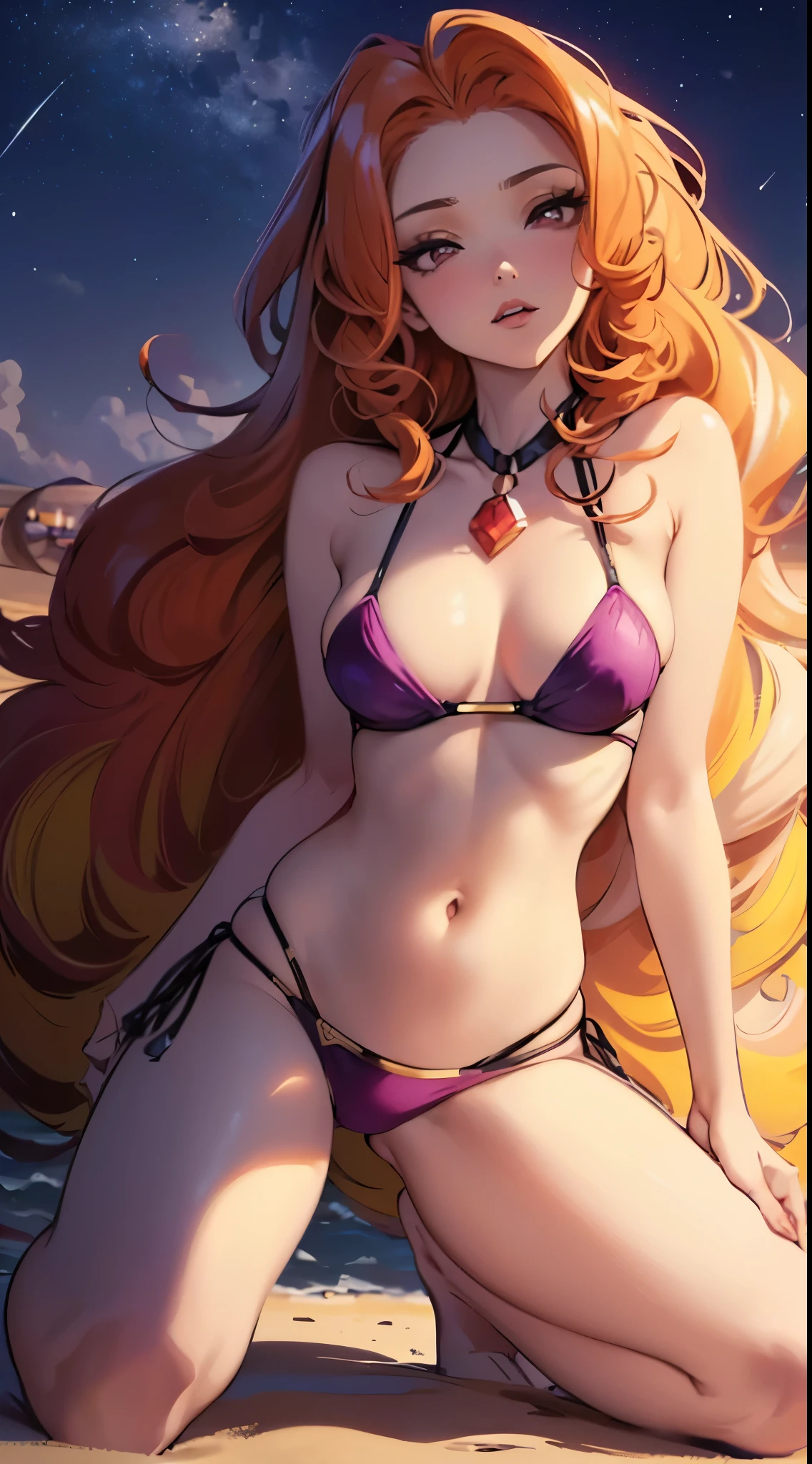 2girls, (adagio dazzle, big hair, (voluminous hair), sexy bikini, (small breasts), on the beach at (night) looking at kneeling, looking up, yuri, lesbian