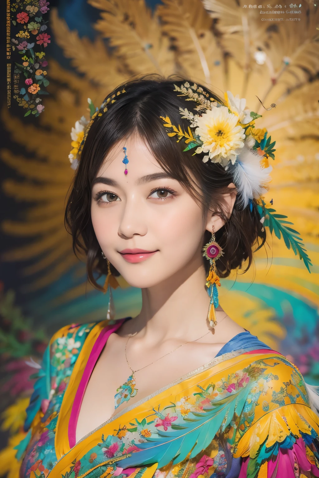 173
Shorthair, a 20 yo woman, gentle smile, colorful flowers, feather, (fractal art:1.46)