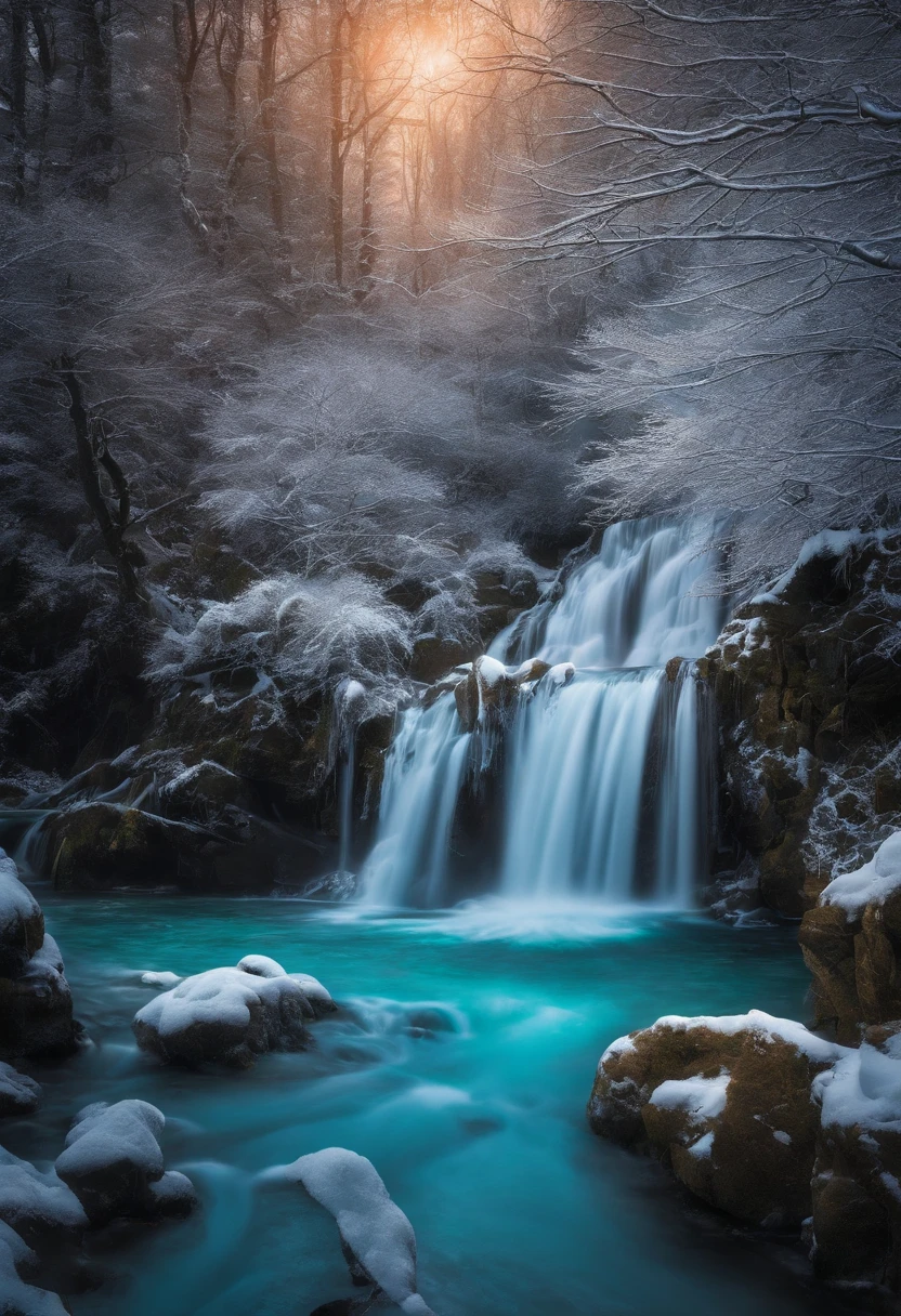 
     Natural Miracle Waterfalls are one of nature’s most spectacular wonders，Their flowing water and high height differences are amazing. Wide angle，Dynamic angle depth of field，Blue splash winter wonderland with branches covered with beautiful ice crystals(Close-up foreground)There are dreamy waterfalls and winter concept art movie scenes with extremely detailed beauty and ultra-high definition.，chiaroscuro，epic reality, Super real photos, Super detailed, masterpiece