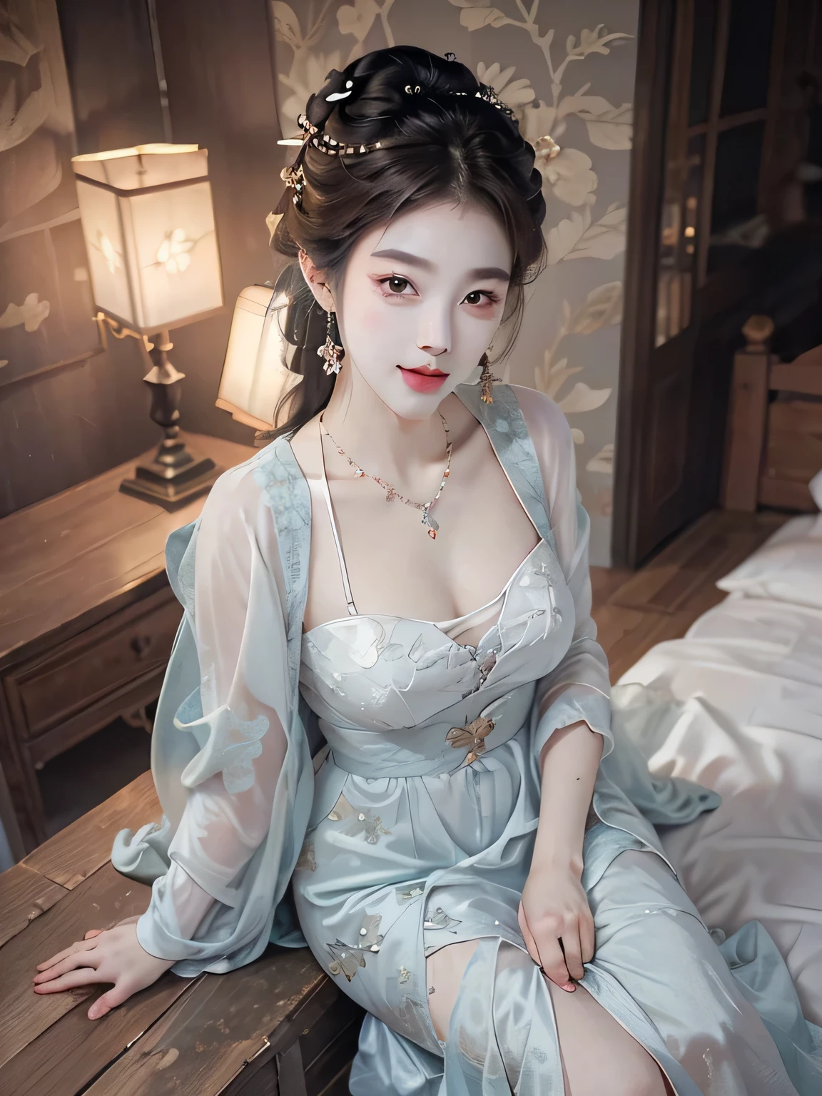 ((knee shot)), ((from above)), ((satellite view)), ((lying down)), ((Lying on a wooden bed)), (ancient bed), (Play with hair with one hand), (ancient chinese style), 1 girl, clear face, pretty face, 8k, masterpiece, original photo, best quality, detail:1.2,lifelike, detail, Very detailed, CG, unity, wallpaper, depth of field, lamp, lens flare, Ray tracing, (extremely beautiful face, beautiful lips, beautiful eyes), complicated, detail的脸, ((ultra detailed skin)), 1 girl, in the darkness, deep shadow, beautiful korean girl, kpop idol,(Very slim figure:1.3), plump breasts, big breasts, Slender sexy legs, very nice legs, elegant posture, A gesture full of temptation and allure, (bright smile), (City night, (霓虹lamp), (night), beautiful korean girl, white diamond earrings, diameter bracelet, Dia Necklace, clear eyes, (big eyes)