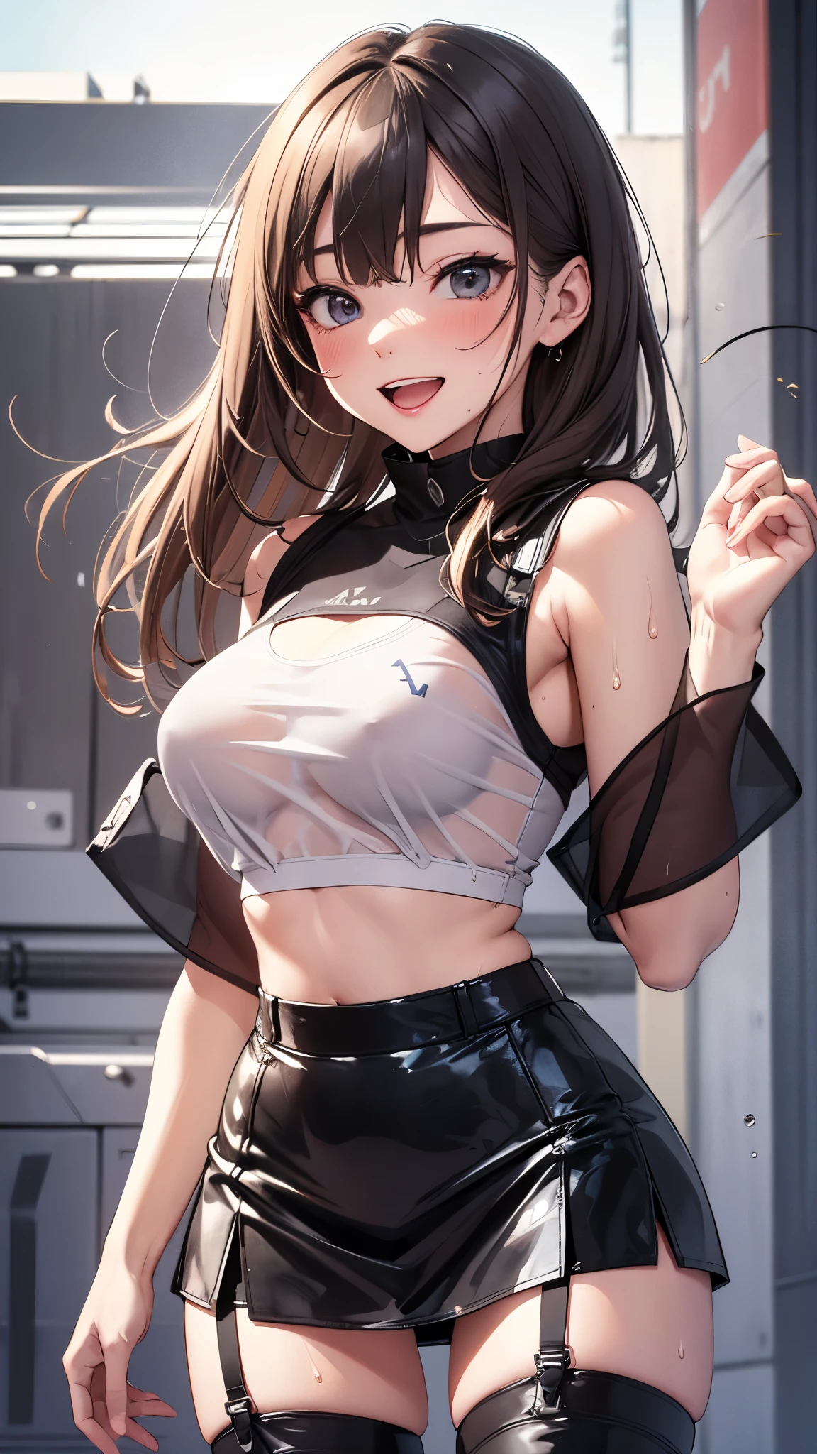 1 female,golden hair,25 years old,(((blue shiny micro tight skirt)))((white tank top))(((blush、open mouth smile)),(((straight hair))),(((portrait))),crowd,,(wet with sweat)(sexy black bra and see-through tank top)()(((small breasts)))leather thigh high boots