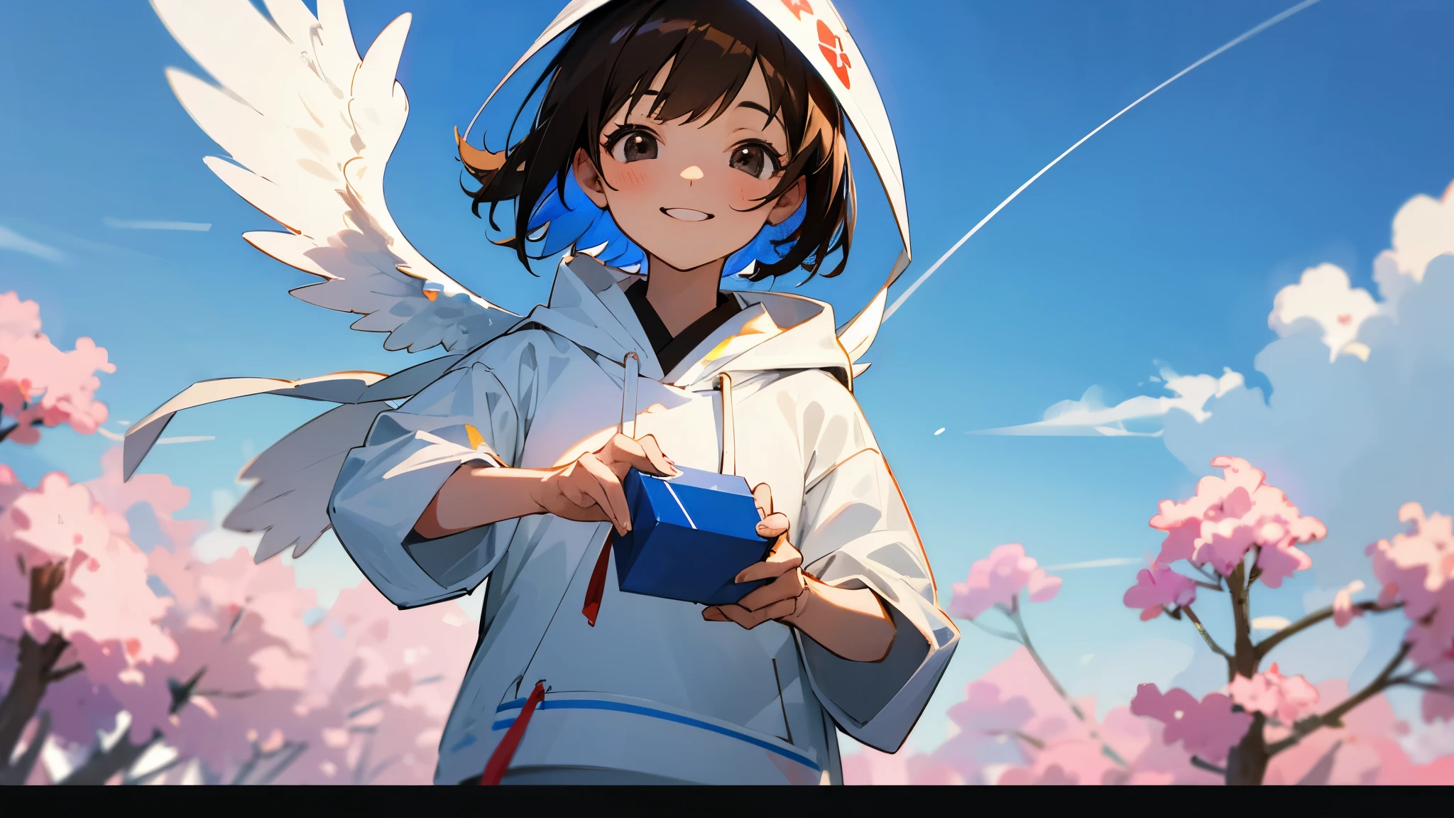 masterpiece, best quality, 1girl, brown short hair, black eyes, japanese school uniform, white hoodie, colorful, blue sky, angel, smiling, giving you a present, looking forward, happy birthday, telephoto