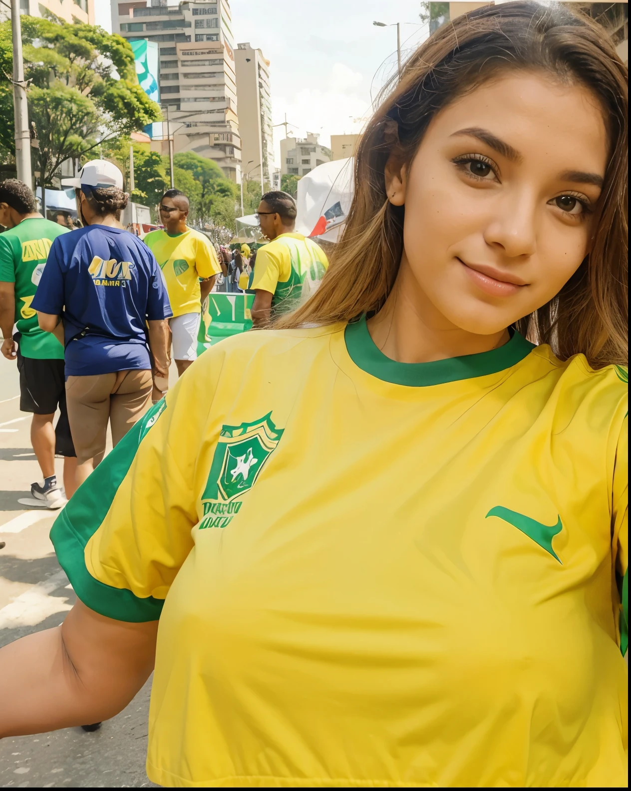 Uma Mulher linda, usando camiseta do Brasil, Brazilian Team, loira, cabelo loiro claro, sexy, bunda grande, pernas grossas, sensual, demonstration in the background, Av. Paulista, São Paulo, Brasil