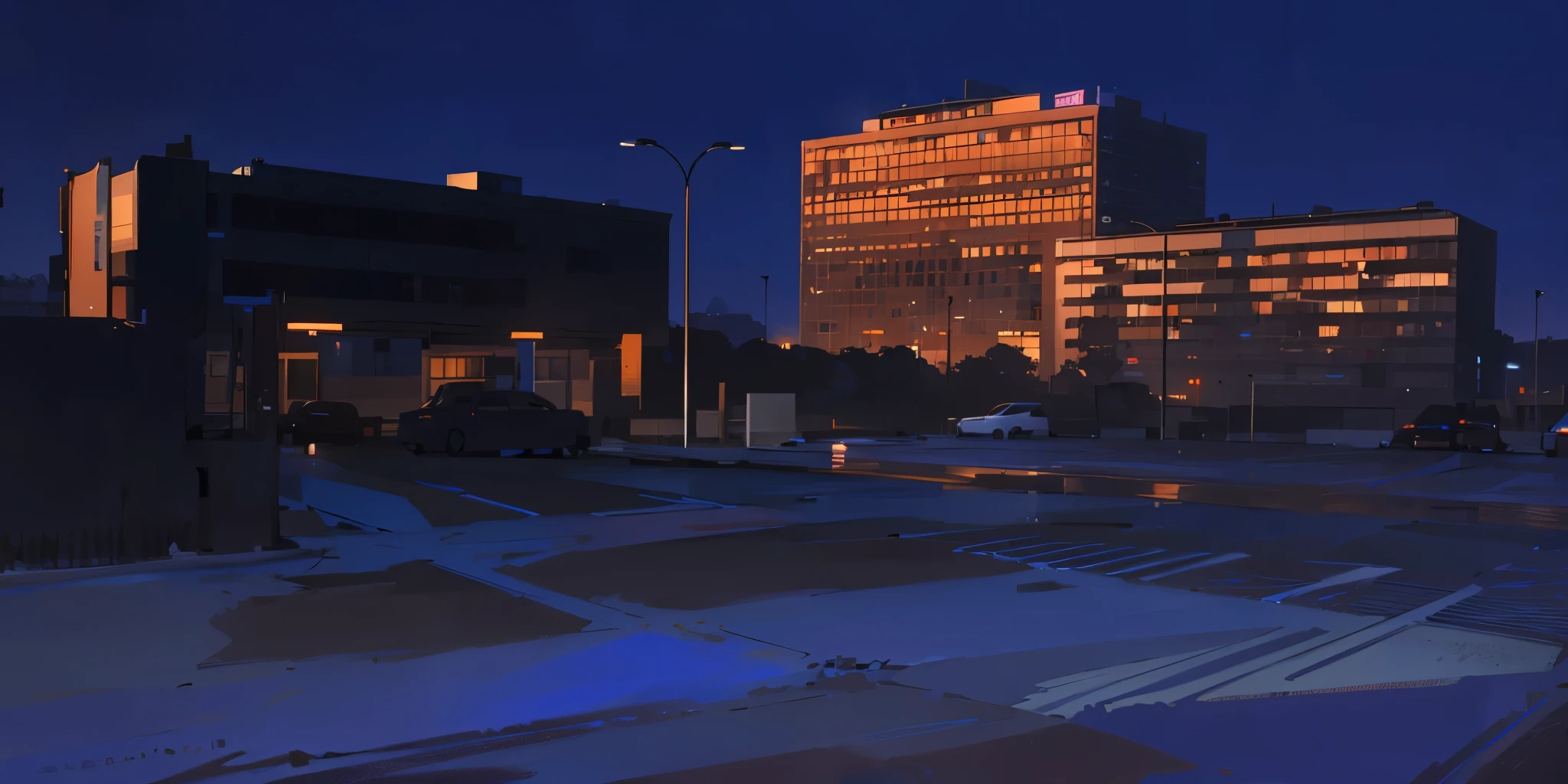 Dark blue, orange, and black wallpaper An image of a cityscape during dusk or early night, with the sky appearing to be a dark blue color interspersed with orange tones at the horizon. Tf:Three large buildings of modern architecture appear, one prominent in the foreground with glass facades reflecting soft light. The streets are lit by lampposts, the parking lots are shown with parked cars, and there are no human figures visible. The dominant colors are dark blue, orange and black, giving the image a sense of calm and tranquility.
Technical specifications: the size: Average, corner: Low front view, lighting: Dim light with artificial lighting effects from lampposts and buildings, res: high.