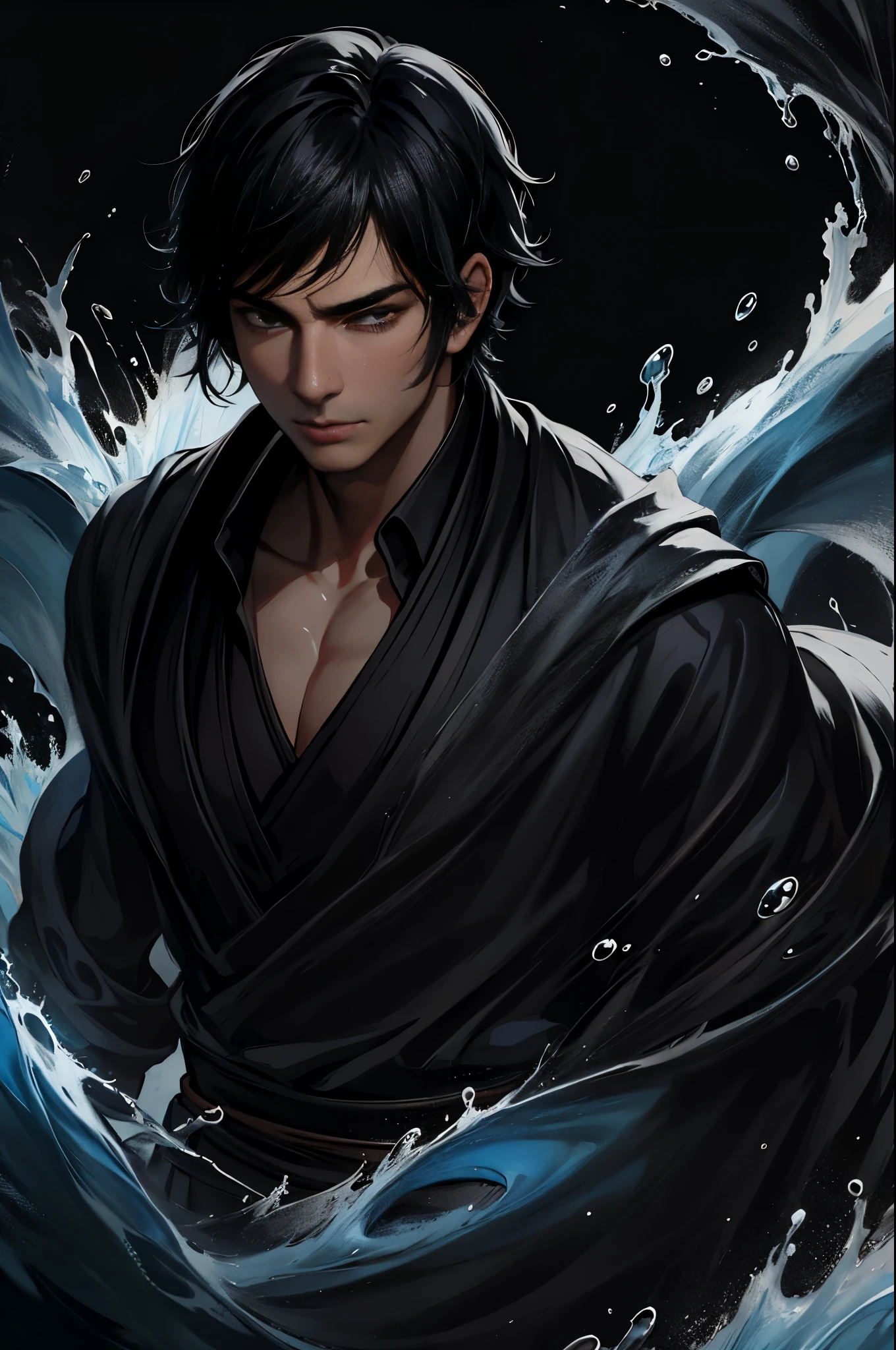 handsome man，short black hair，black water magic，dark background