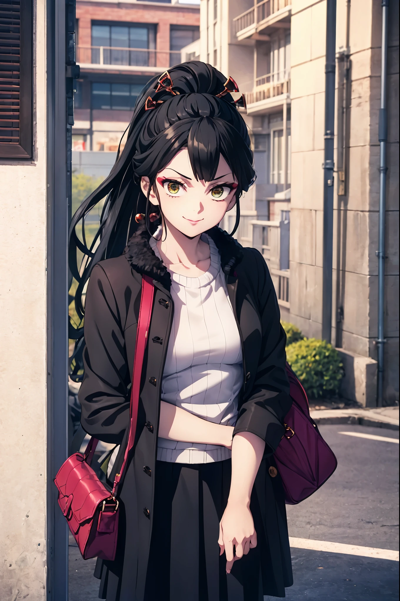 masterpiece,hyper quality, very detailed, anime style, perfect picture, CG, 3D, 8k, figure, 
Demon slayer, Fallen Princess, beautiful face girl, one beautiful girl, スリーサイズ B90W60H95, Droopy eyes but cute, A dignified and cute expression, cute smile, black hair, ponytail, cowboy shot
(white sweater:1.3), (boa coat:1.3), (long skirt:1.3), (Holding a small bag:1.3)
on the road, In front of the station, Small wave