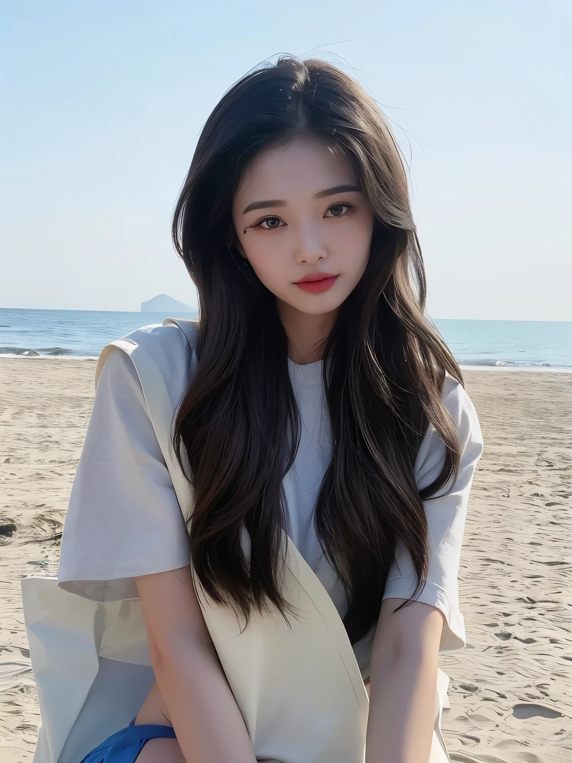 Girl taking photos on the beach, Urzan, long hair, 黑色波浪long hair,black wavy hair, black curly hair, Long curly hair, wavy hair loose, 深色Long curly hair, (1 girl:1.3), dynamic poses, delicate face, vibrant eyes, (from the front), White skin,