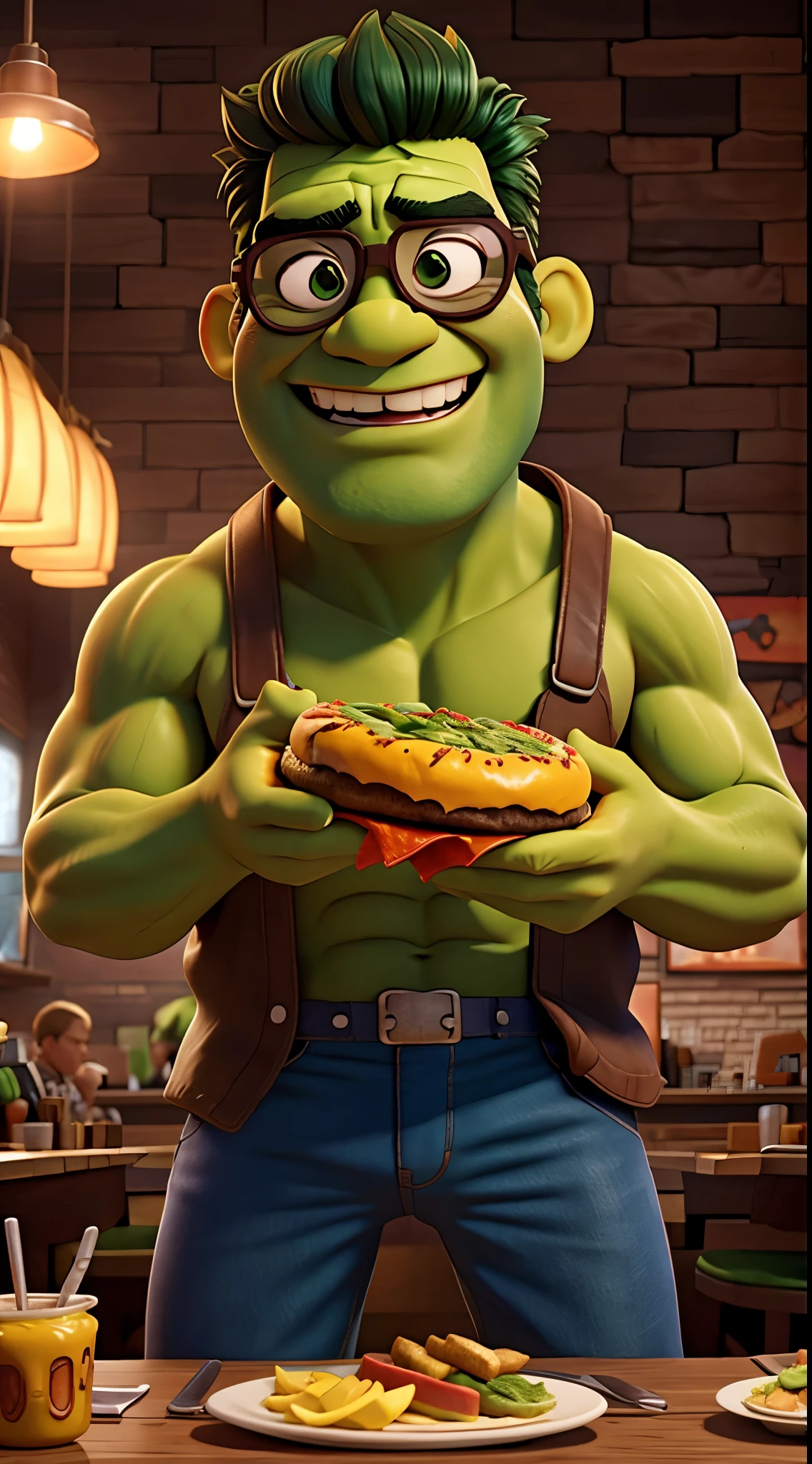 hulk, eating burgers, wearing glasses, looking old.