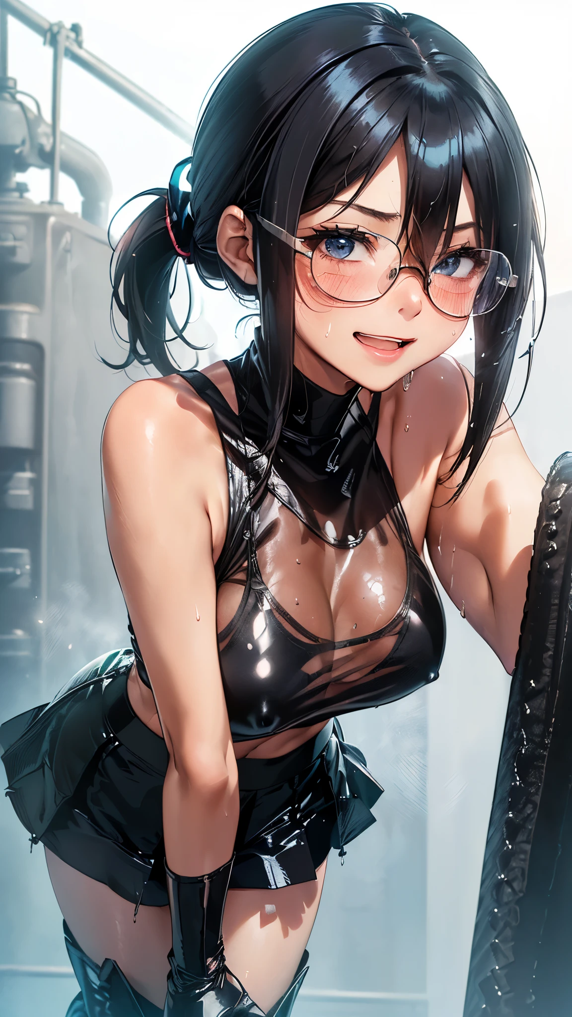 1 female,black hair,25 years old,(((blue shiny micro tight skirt)))((white tank top))(((blush、open mouth smile)),(((straight hair))),(((portrait))),crowd,,(wet with sweat)(sexy black bra and see-through tank top)(Glasses)(((small breasts)))((low ponytail))leather thigh high boots