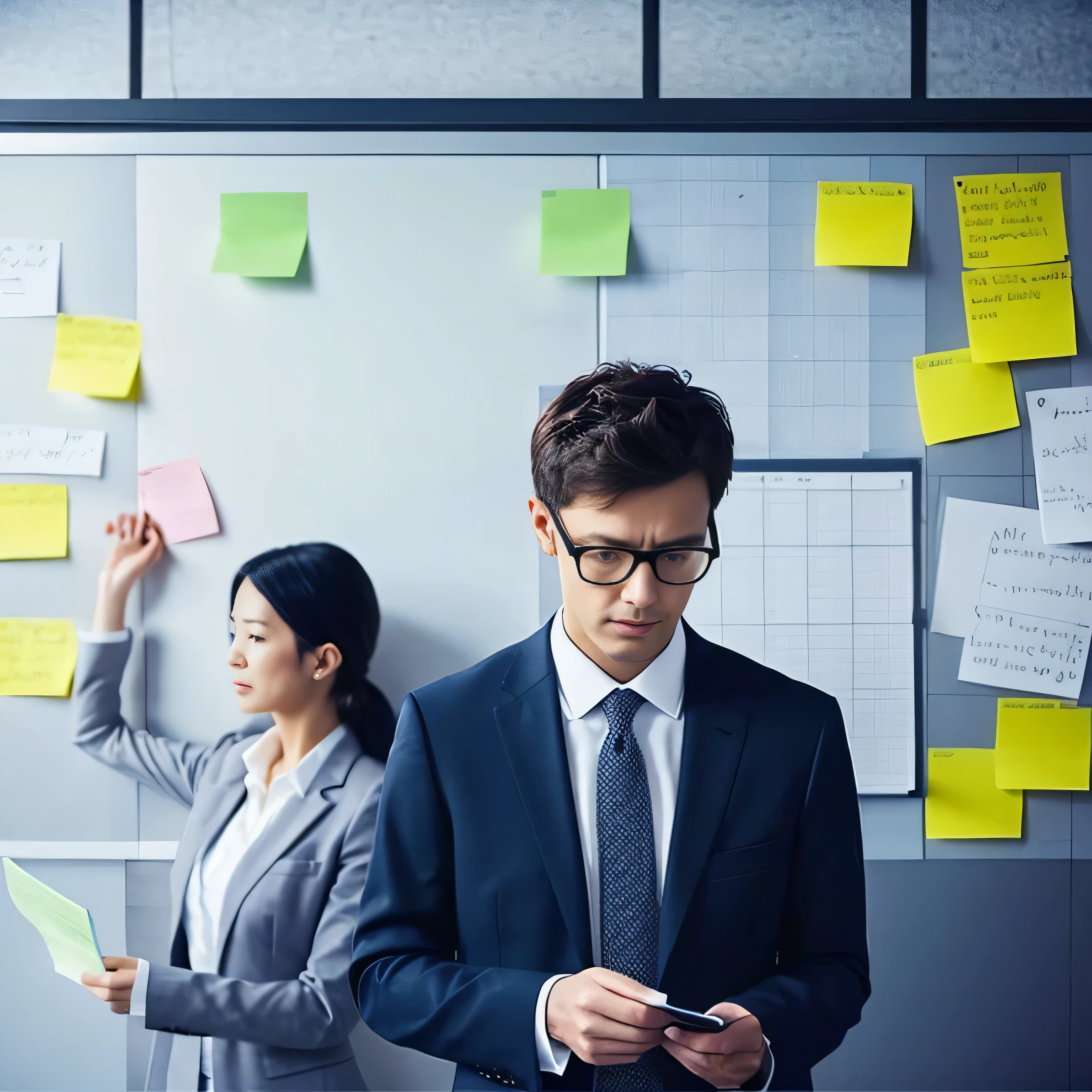 work,sticky note,Whiteboard,anxiety,suit,meeting,people are on the left