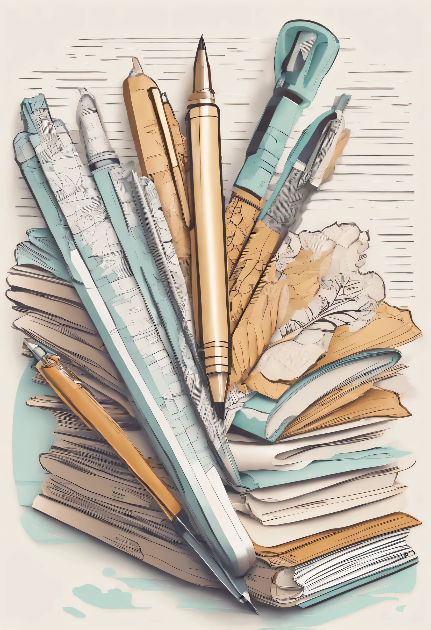 Sticker object for graphic design asset. Hand holding a pen and writing something in a paper. Detailed hand, a sketch with a pencil, paintbrush, very soft color with a creme color.