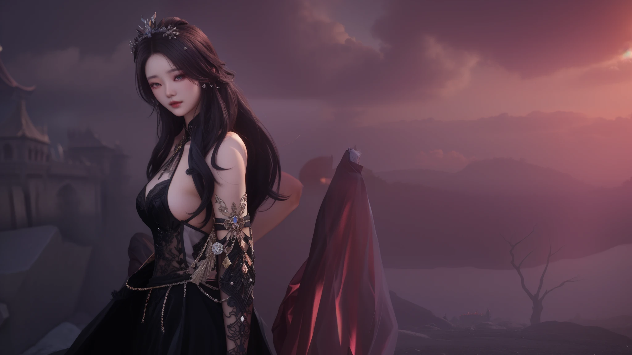image arafée d&#39;une femme vêtue d&#39;une robe noire debout devant un château, lineage revolution style 2, je vais, longs cheveux éthérés brillants, une belle impératrice fantastique, pose de lancement de sorts, inspired by Luo Mu, inspired by Lü Ji, Inspiré par Huang Ji, inspired by Sim Sa-jeong, from lineage 2, blade and soul