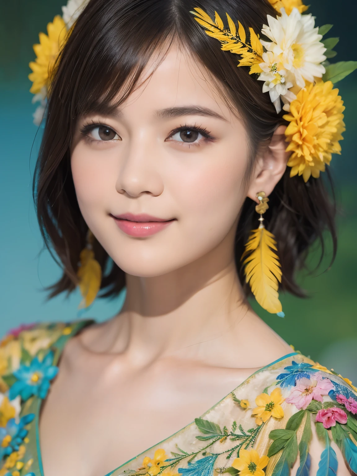 173
Shorthair, a 20 yo woman, gentle smile, colorful flowers, feather, (fractal art:1.46)