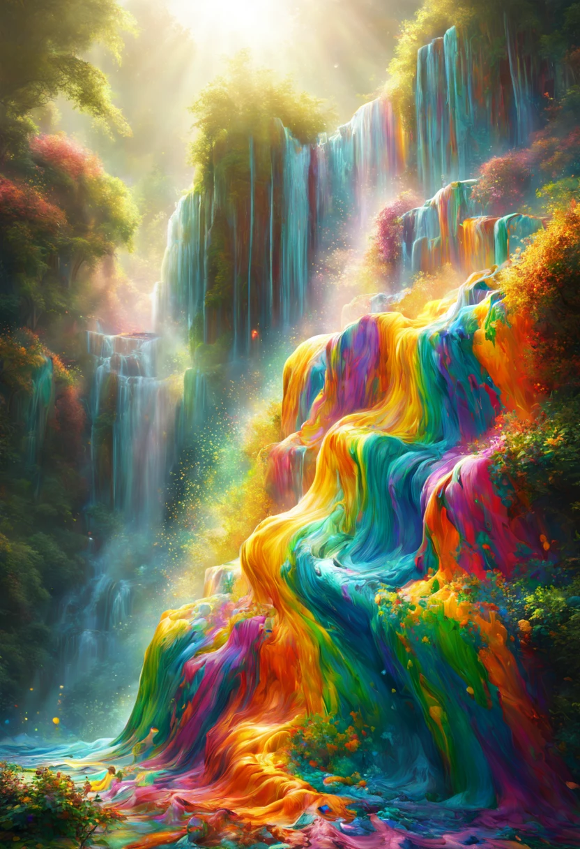 (level difference:1.8),(The paint collides and splashes onto the canvas),(depth of field),(flat color:1.1,(theme)),A beautiful waterfall ,(Liquid dye for rainbow hair:1.1) Made of paintanti-gravity,stringy viscous liquid,(paint splatter:1.3),liquidity,Amazingly beautiful, masterpiece, Detailed background,Super high quality, ethereal background,abstract beauty, volume, painting,Blow,romantic lighting,subsurface scattering,glow,8k,high resolution, fantastic,Ray tracing,divine light,