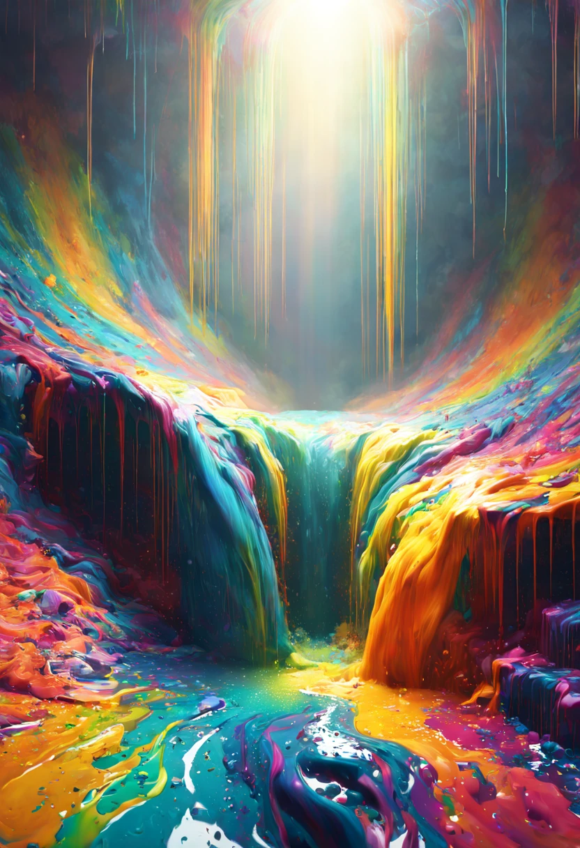 (level difference:1.8),(The paint collides and splashes onto the canvas),(depth of field),(flat color:1.1,(theme)),A beautiful waterfall ,(Liquid dye for rainbow hair:1.1) Made of paintanti-gravity,stringy viscous liquid,(paint splatter:1.3),liquidity,Amazingly beautiful, masterpiece, Detailed background,Super high quality, ethereal background,abstract beauty, volume, painting,Blow,romantic lighting,subsurface scattering,glow,8k,high resolution, fantastic,Ray tracing,divine light,