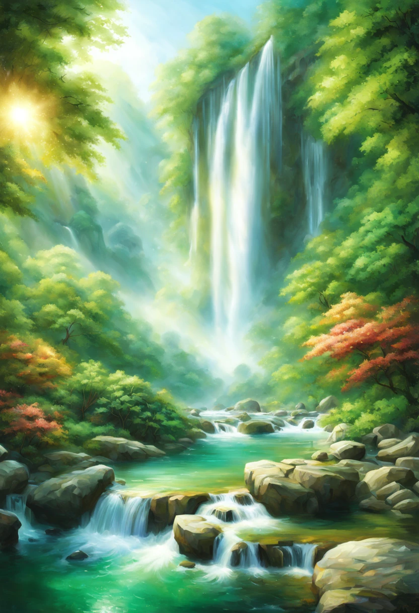 A beautiful waterfall, (best quality, ultra-detailed) with sparkling water cascading down the rocks (realistic), surrounded by lush greenery (vivid colors). The waterfall creates a mesmerizing sight as it flows down gracefully (sharp focus), with the sunlight peeking through the dense forest (studio lighting). The water droplets glisten in the light, creating a magical atmosphere. The sound of rushing water fills the air, creating a peaceful ambience. The landscape presents a perfect balance between tranquility and grandeur (landscape). The colors of the foliage range from vibrant greens to subtle earth tones, adding depth and richness to the scene. The details of the rocks and plants are meticulously depicted (ultra-fine painting). The viewer can almost feel the refreshing mist and the coolness of the water. This artwork is reminiscent of a dreamy paradise, where one can find solace and serenity.