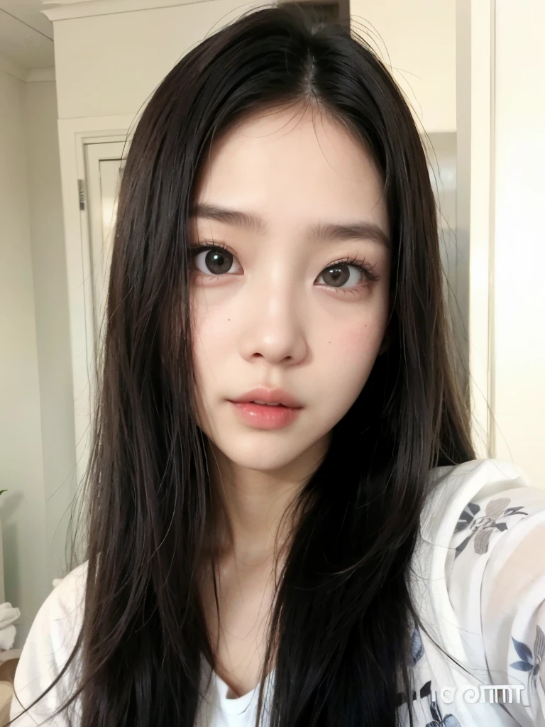 um close de uma mulher com longos cabelos pretos tirando uma selfie, cruel korean goth girl, coreana, Ulzzang, linda mulher sul-coreana, jennie blackpink, young cute wan Asian face, young lovely korean face, Linda jovem coreana, Korean facial features, adorable and pale korean face, Asian face, Linda jovem coreana, Beautiful Asian girl, korean symmetrical face