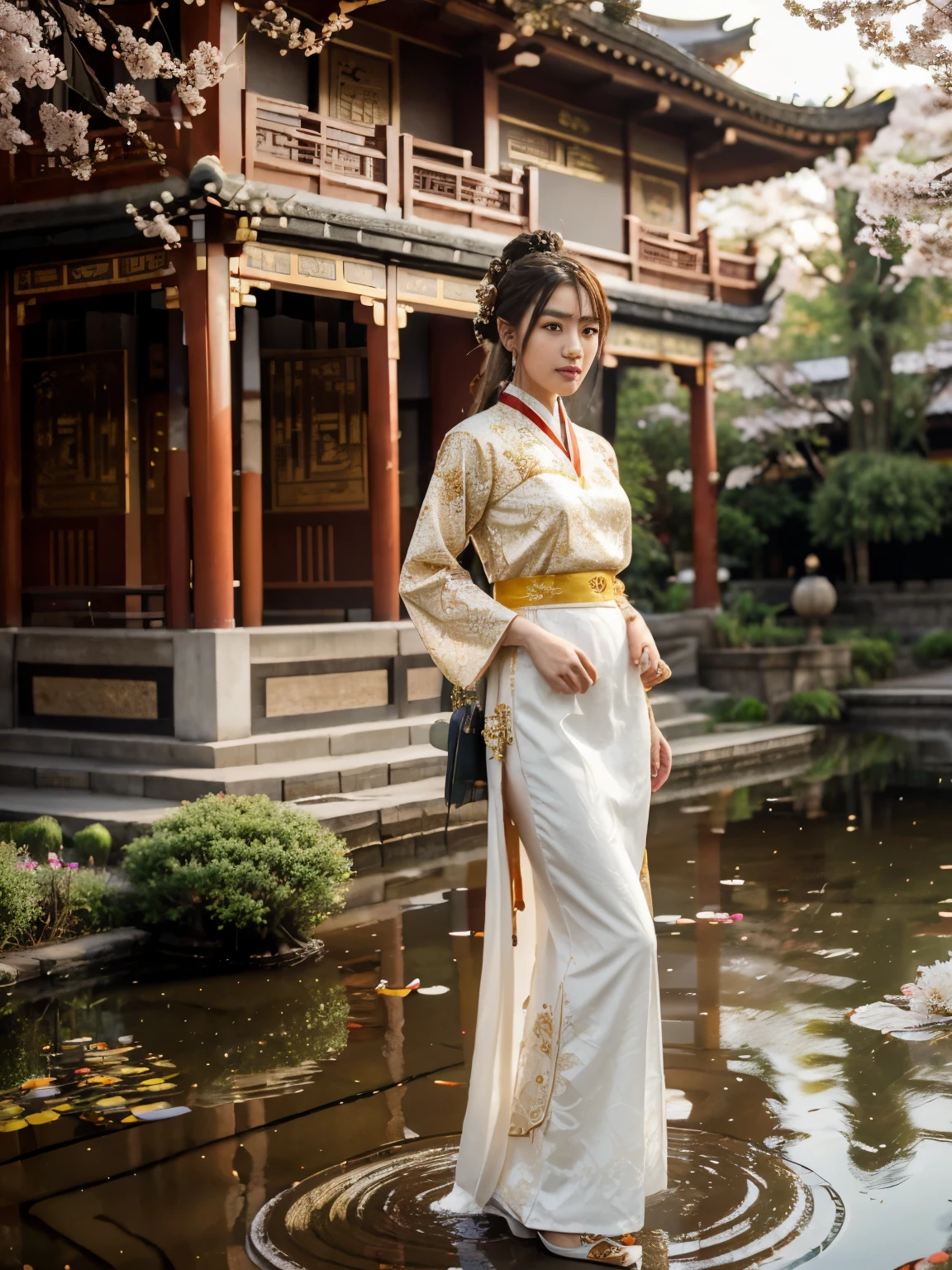 (a beauty girl,hanfu,wearing,A line skirt,golden embroidery,top,golden phoenix pattern,hairpin,ornament,tall waist design,long sleeves,pure white, lotus pattern,large bead,Chinese style buildings,traditional architecture,gray tiles,red pillars,pond with koi fish,blossoming cherry trees,bamboo forest) (best quality,ultra-detailed,realistic),HDR,stunning colors,warm tones,soft lighting