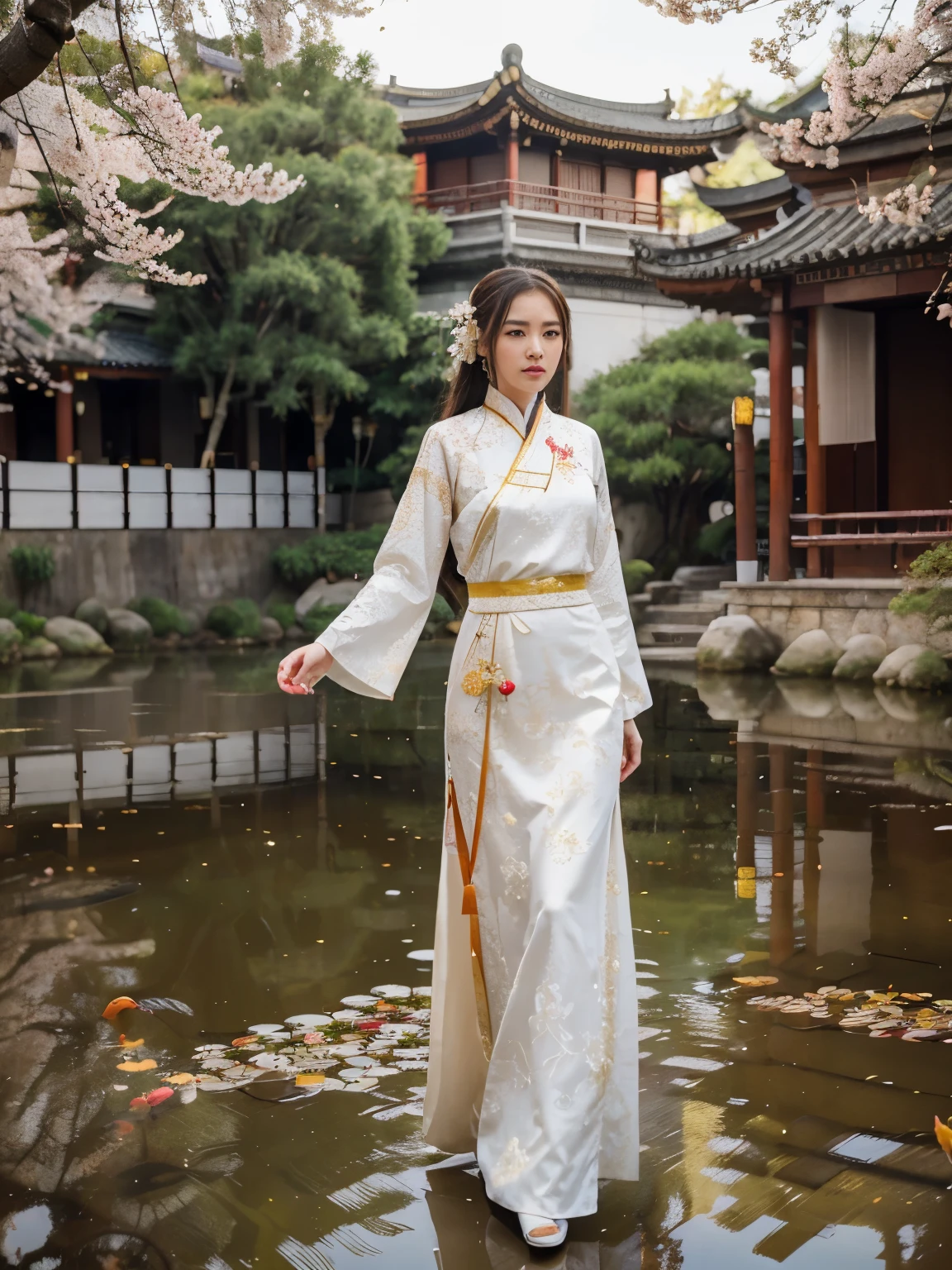(a beauty girl,hanfu,wearing,A line skirt,golden embroidery,top,golden phoenix pattern,hairpin,ornament,tall waist design,long sleeves,pure white, lotus pattern,large bead,Chinese style buildings,traditional architecture,gray tiles,red pillars,pond with koi fish,blossoming cherry trees,bamboo forest) (best quality,ultra-detailed,realistic),HDR,stunning colors,warm tones,soft lighting